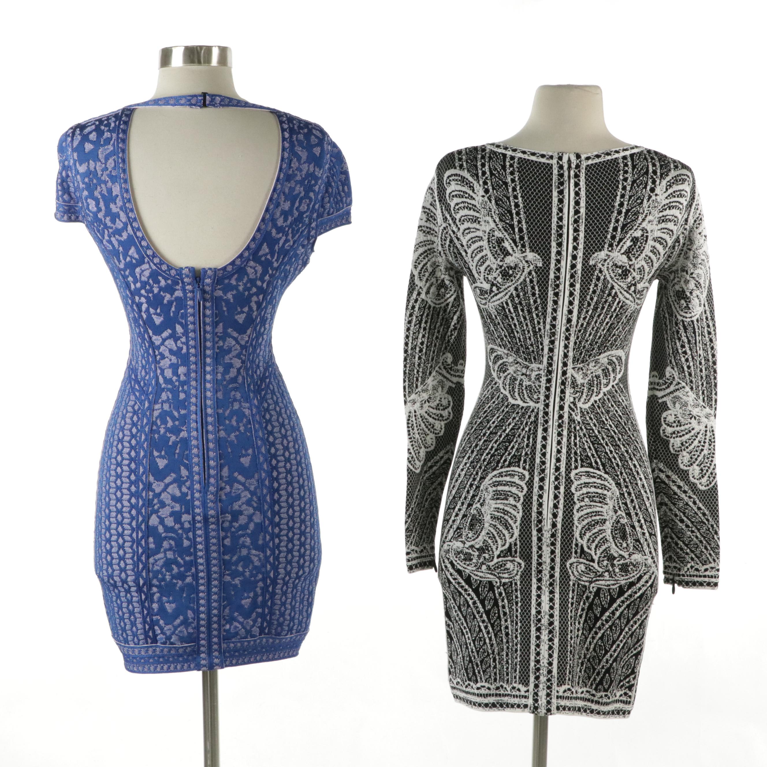 Herve Leger Lace Illusion Bodycon Dresses in Black and Royal Blue Rayon Stretch