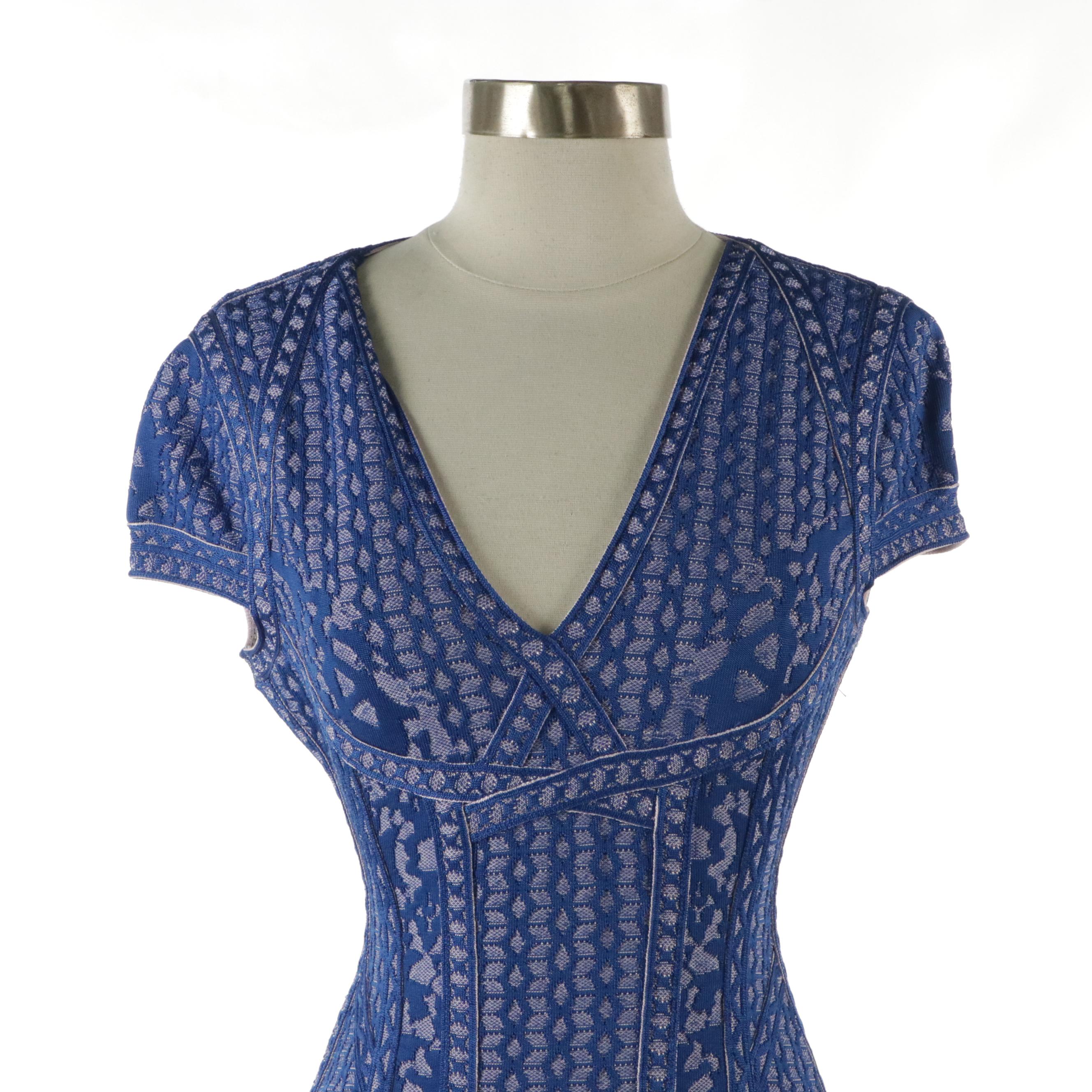 Herve Leger Lace Illusion Bodycon Dresses in Black and Royal Blue Rayon Stretch