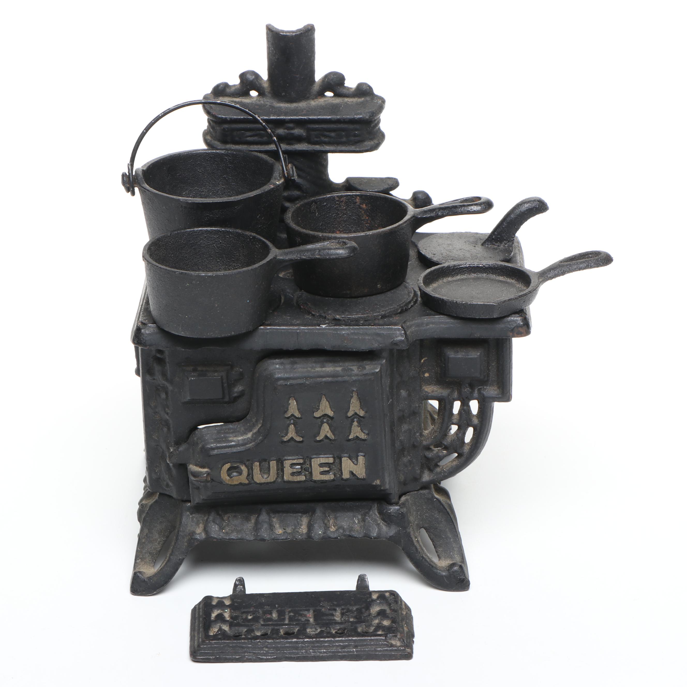 Queen Cast Iron Miniature Range with Pots, Pans, and Other Accessories