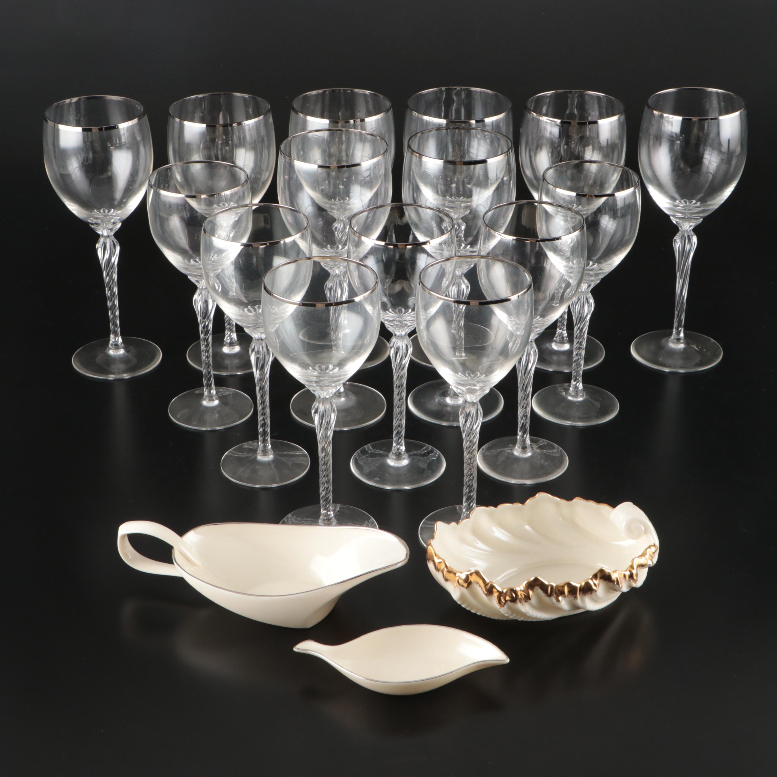 Lenox "Aria" Glass Stemware, Porcelain Gravy Boat, and Porcelain Bowls