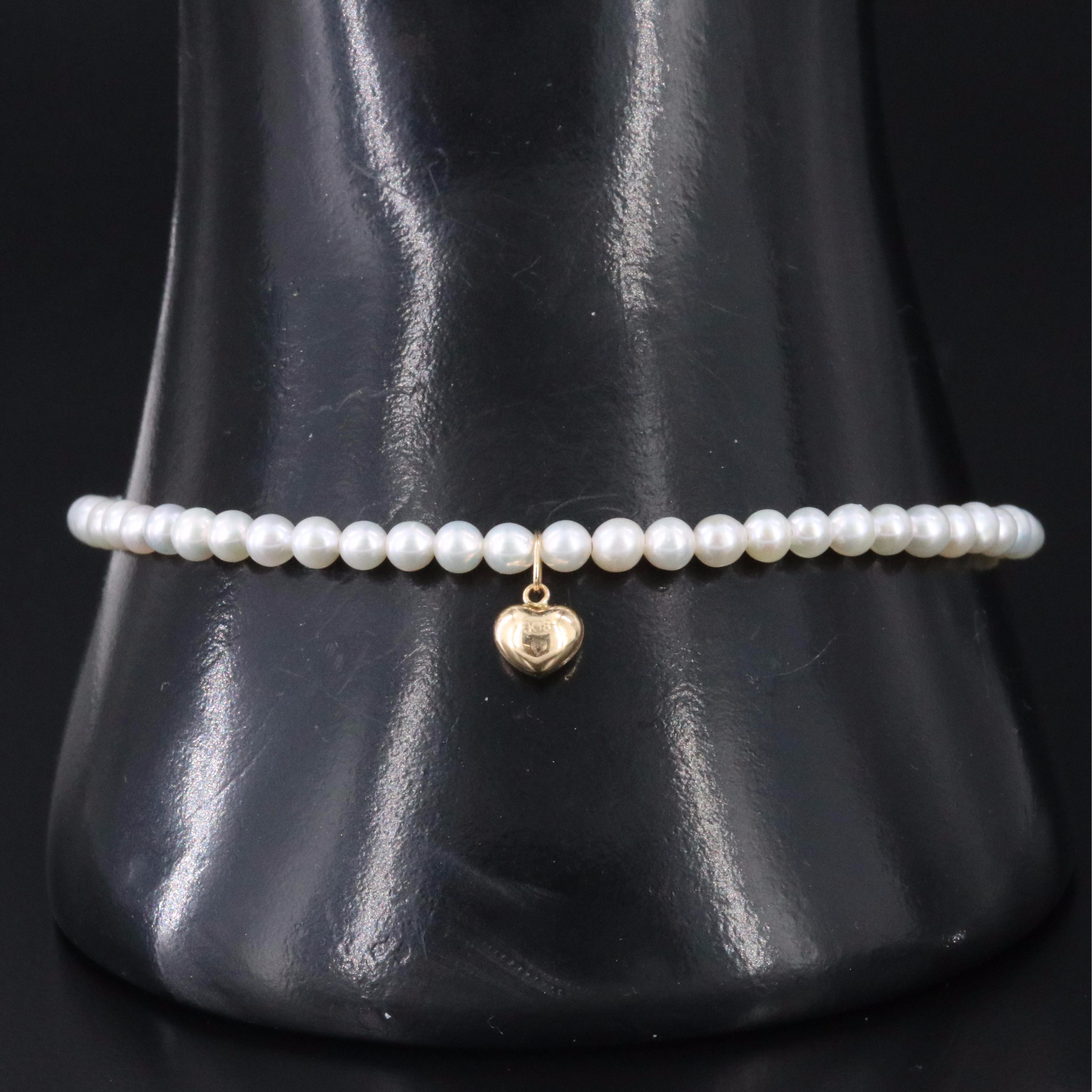 Pearl Bracelet with 14K Puff Heart Charm and Clasp