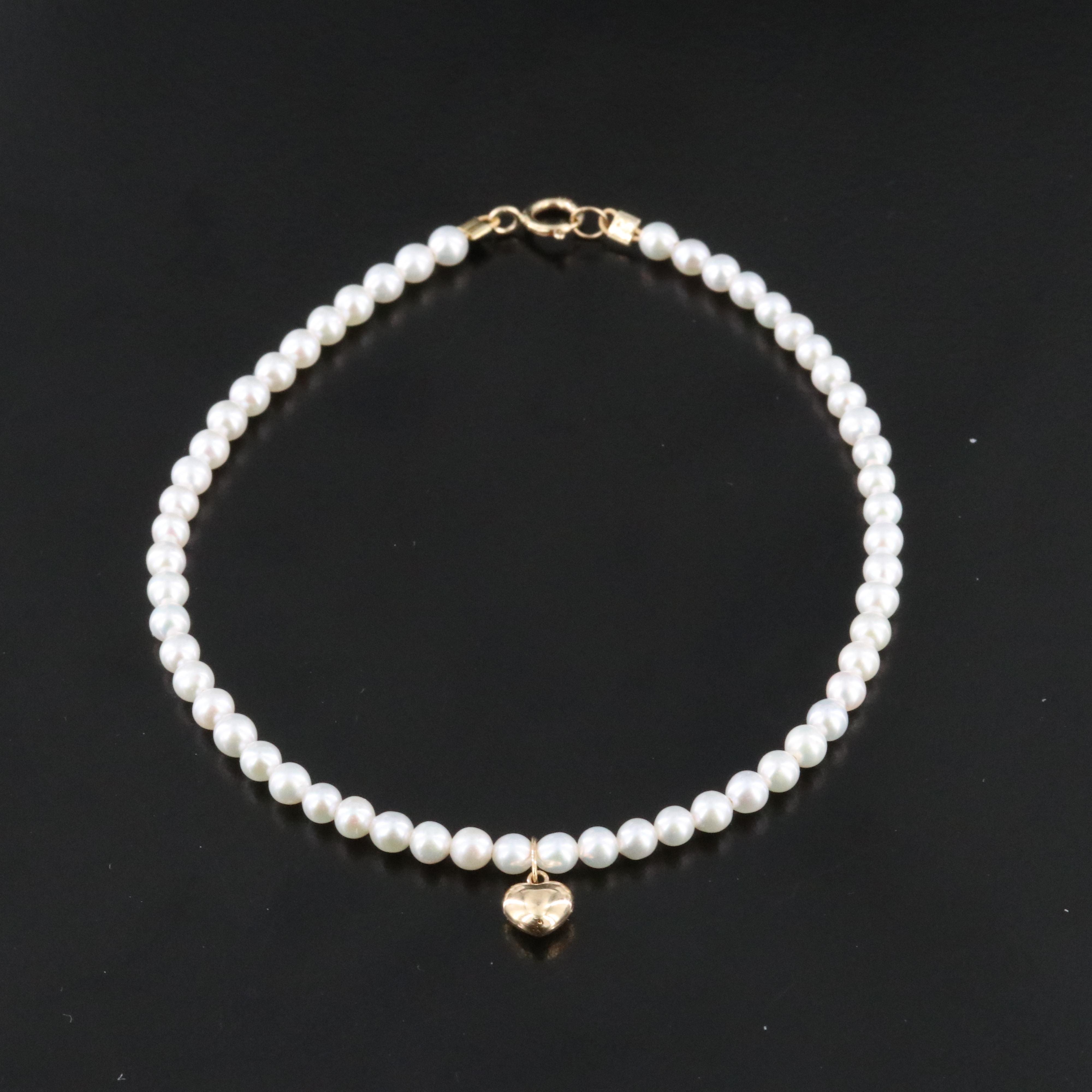 Pearl Bracelet with 14K Puff Heart Charm and Clasp