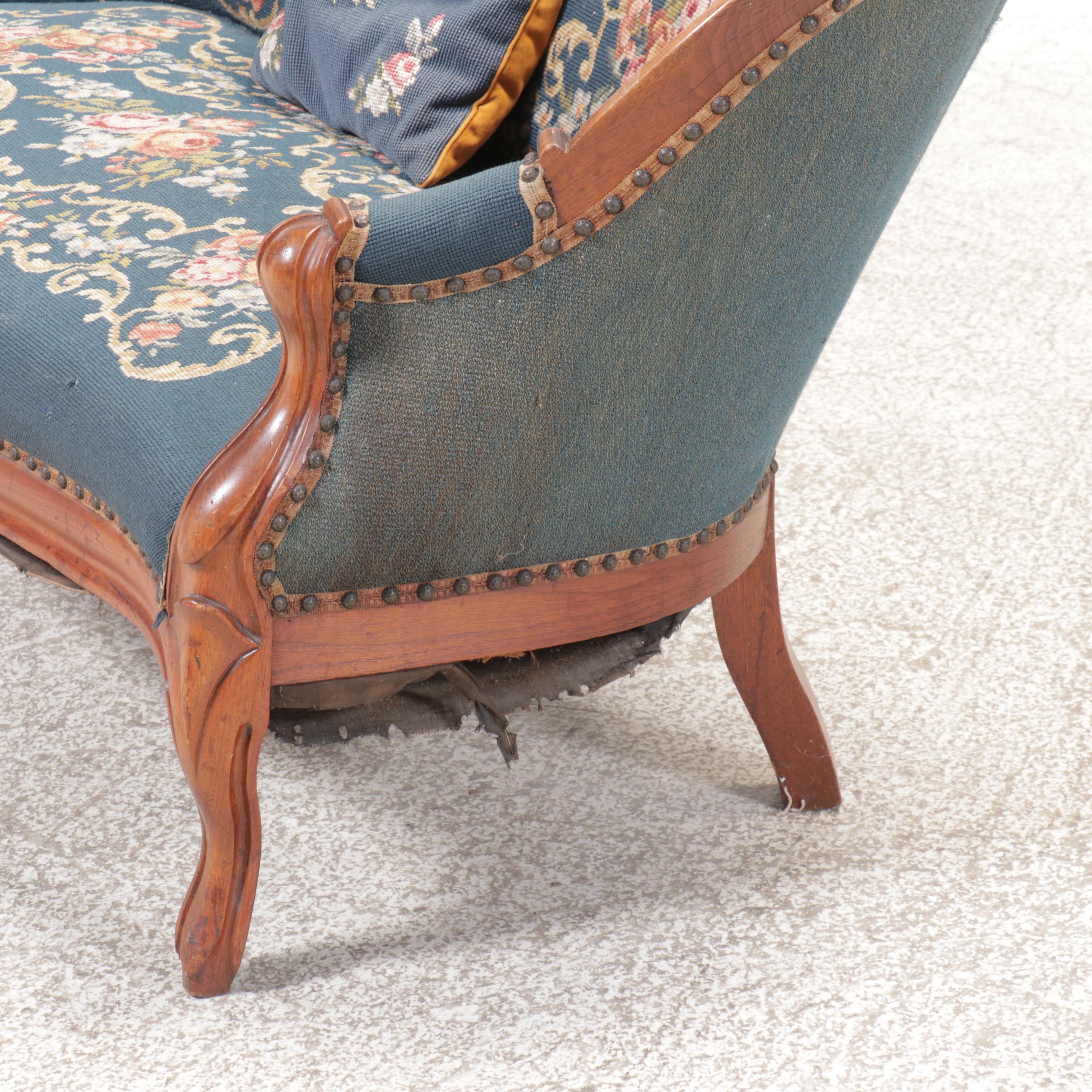 Victorian Carved Wooden Settee in Blue Floral Upholstery