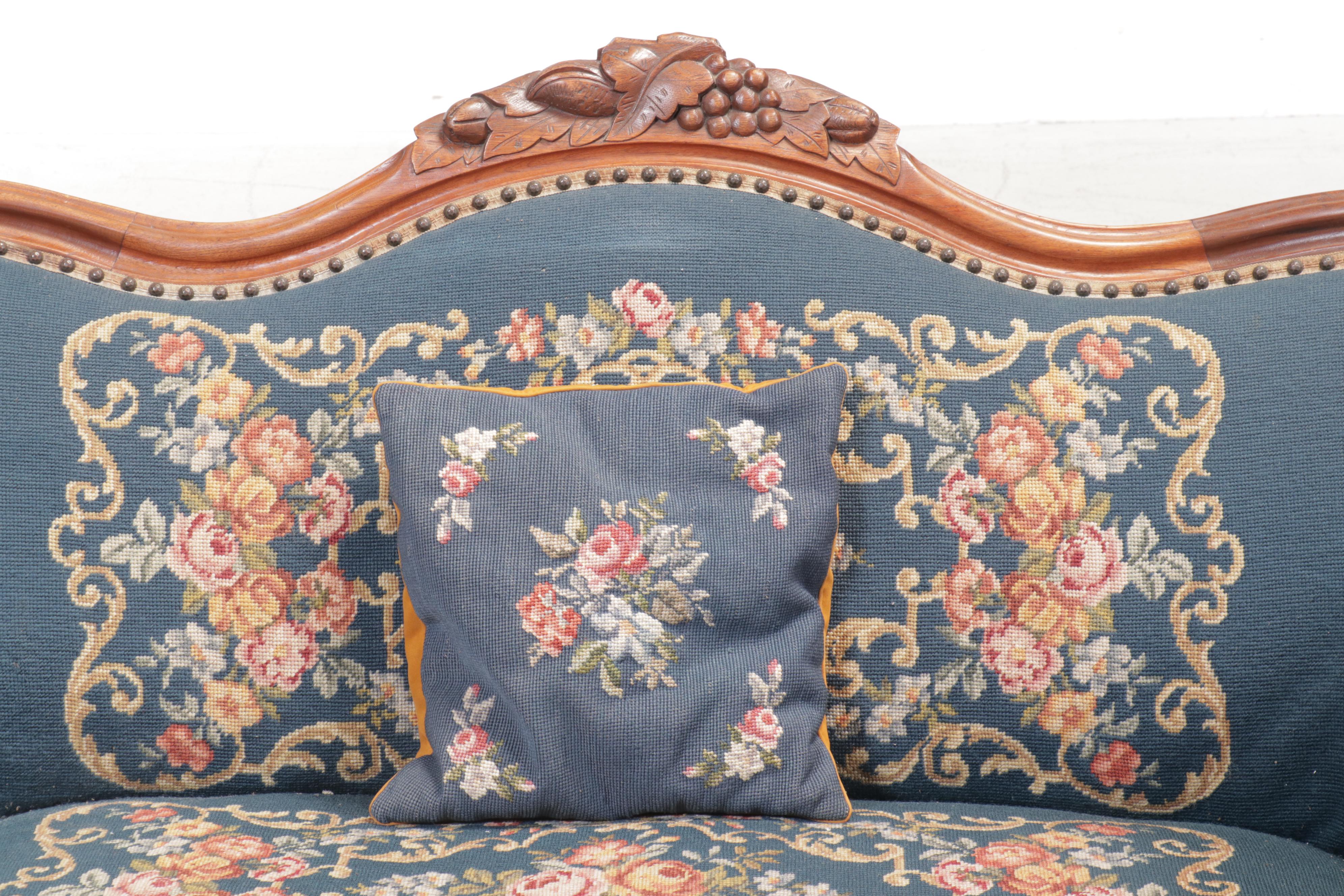 Victorian Carved Wooden Settee in Blue Floral Upholstery