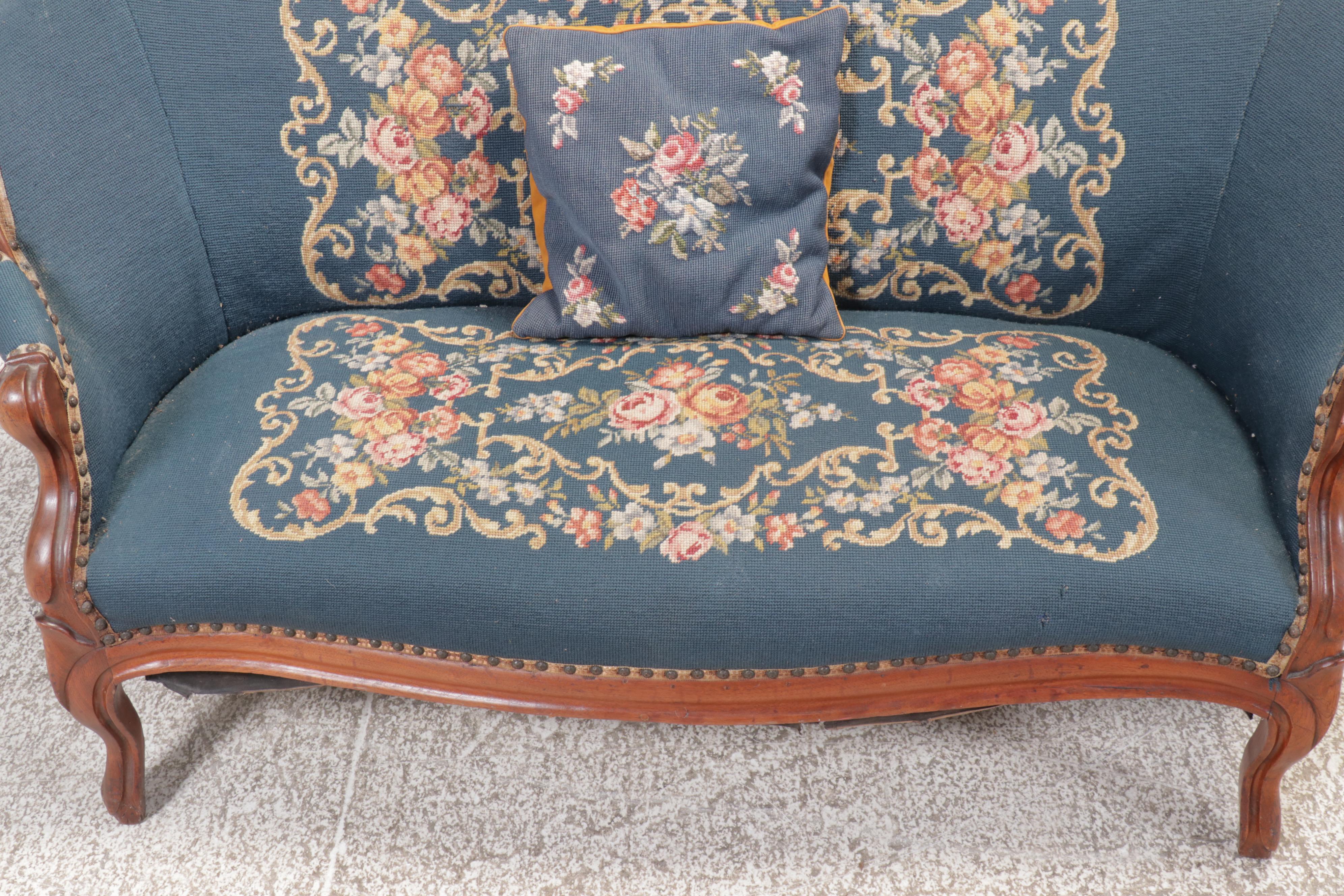 Victorian Carved Wooden Settee in Blue Floral Upholstery