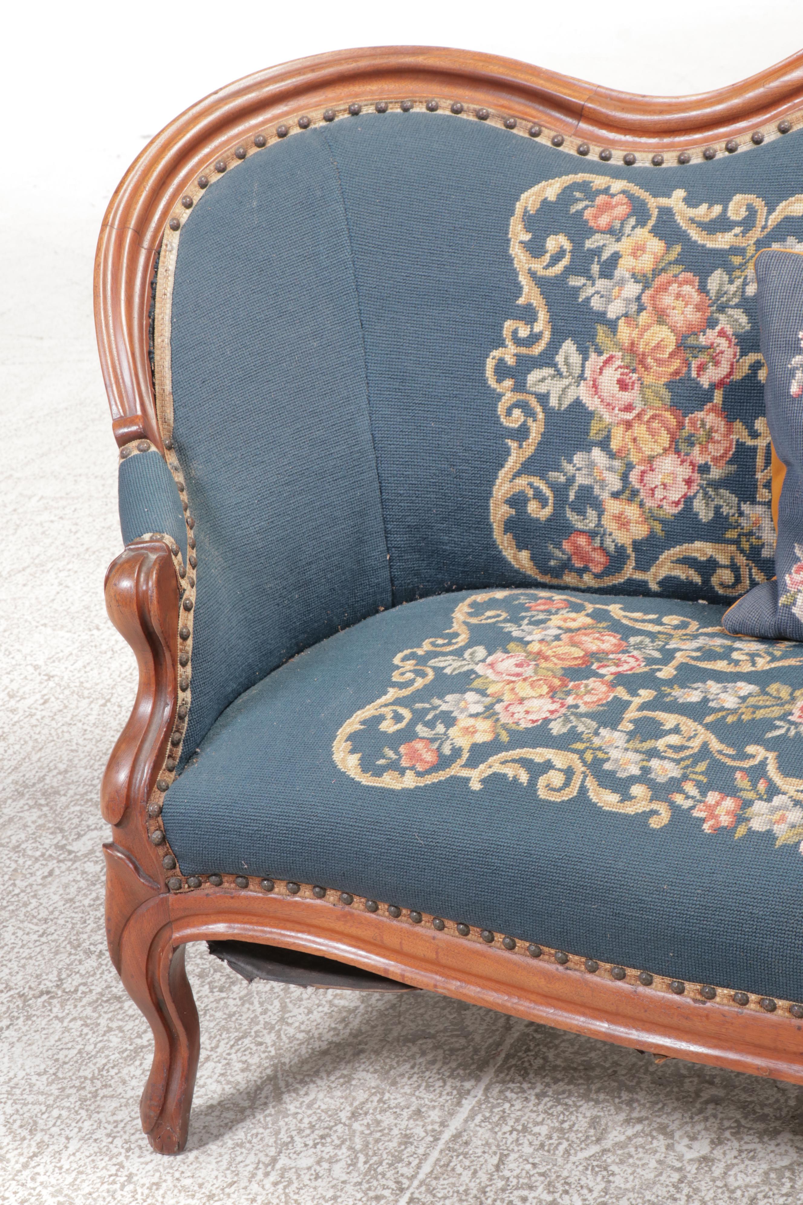 Victorian Carved Wooden Settee in Blue Floral Upholstery
