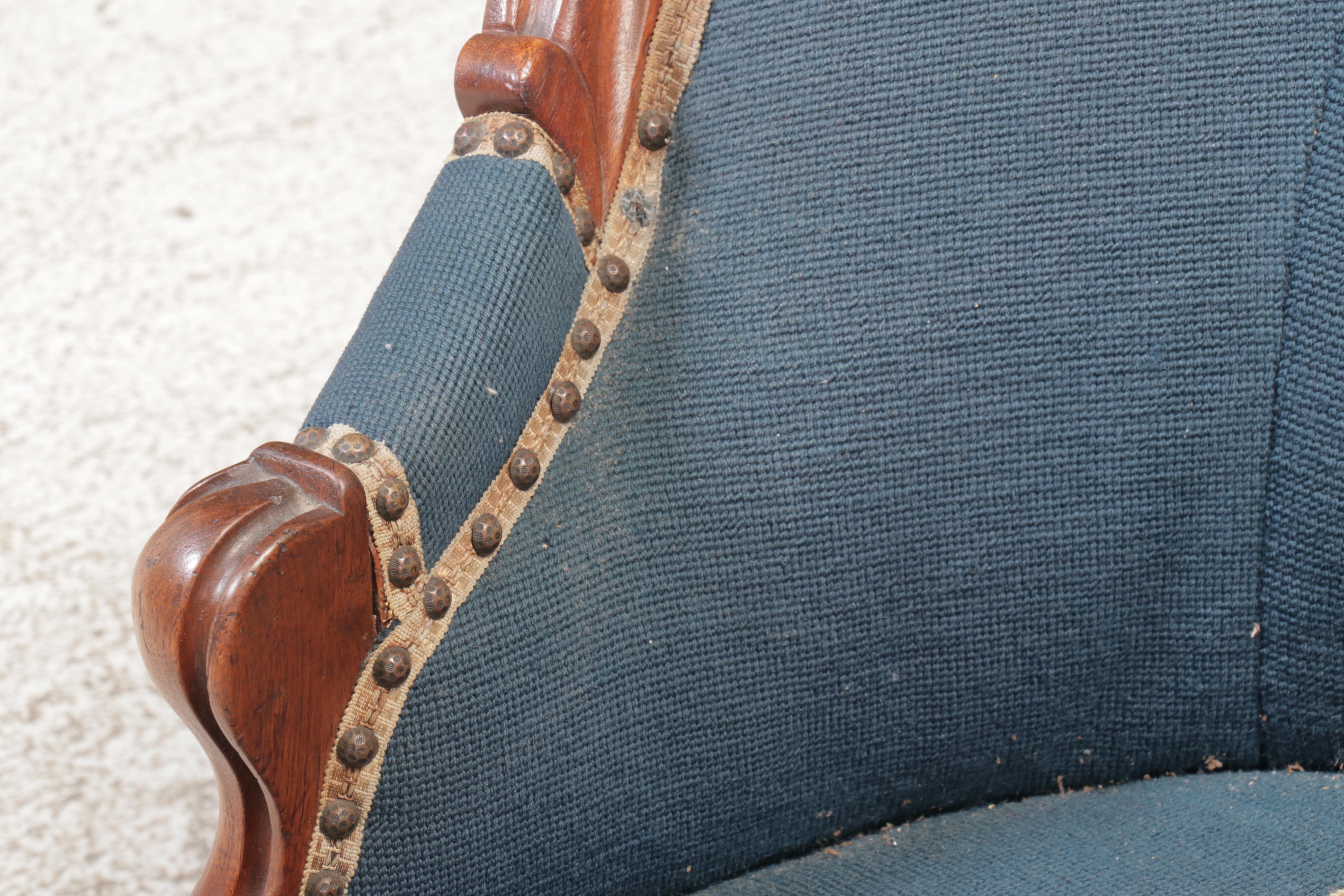 Victorian Carved Wooden Settee in Blue Floral Upholstery