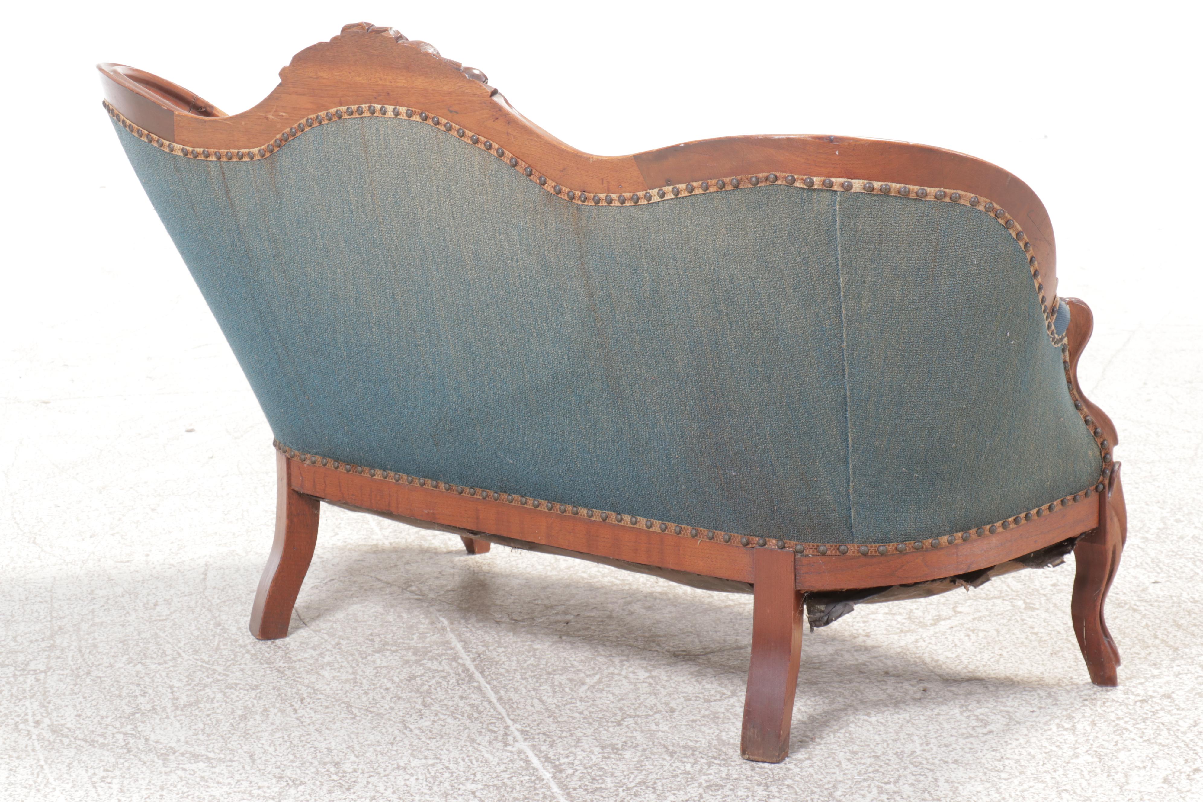 Victorian Carved Wooden Settee in Blue Floral Upholstery