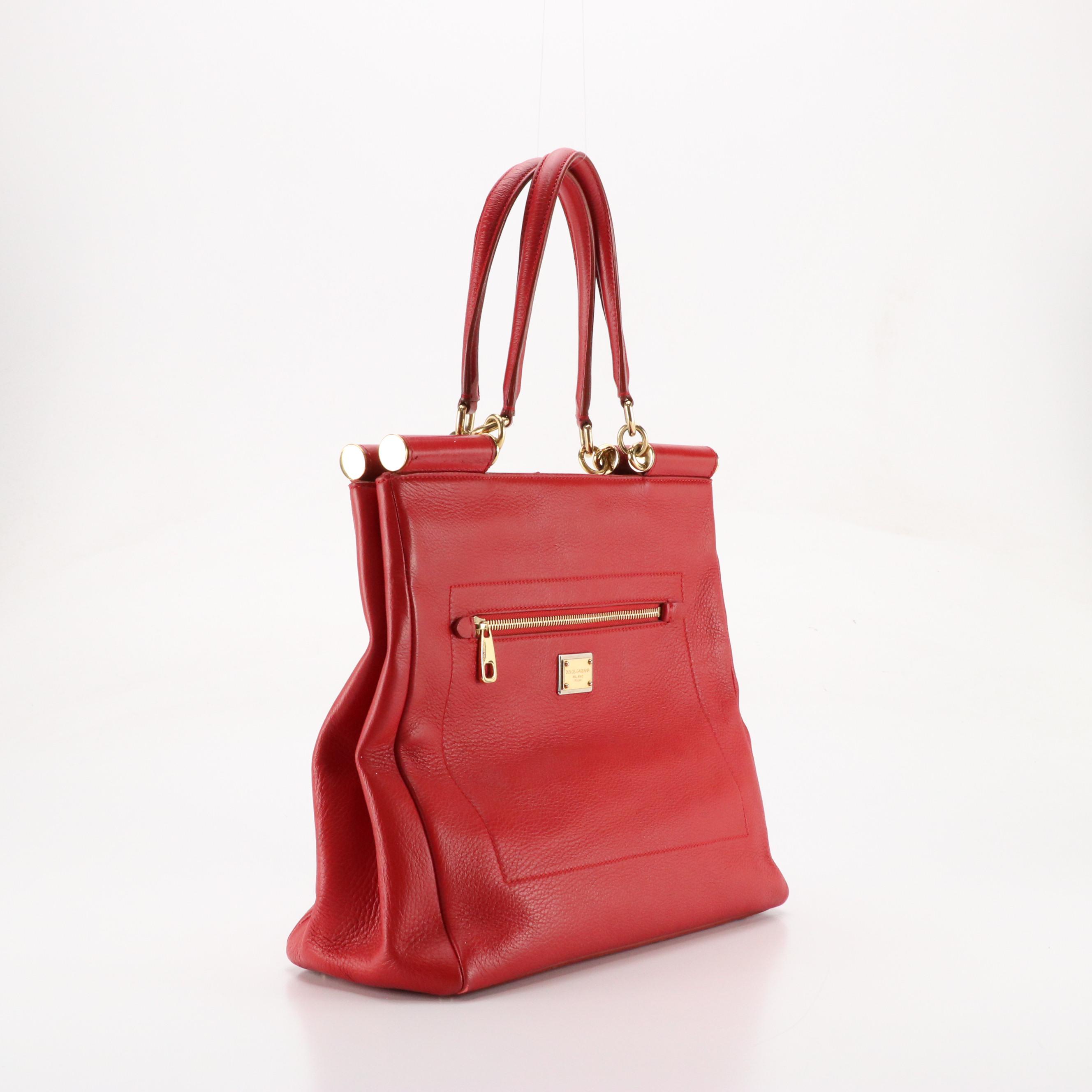 Dolce & Gabbana Front Pocket Sicily Tote in Red Grained Calfskin Leather