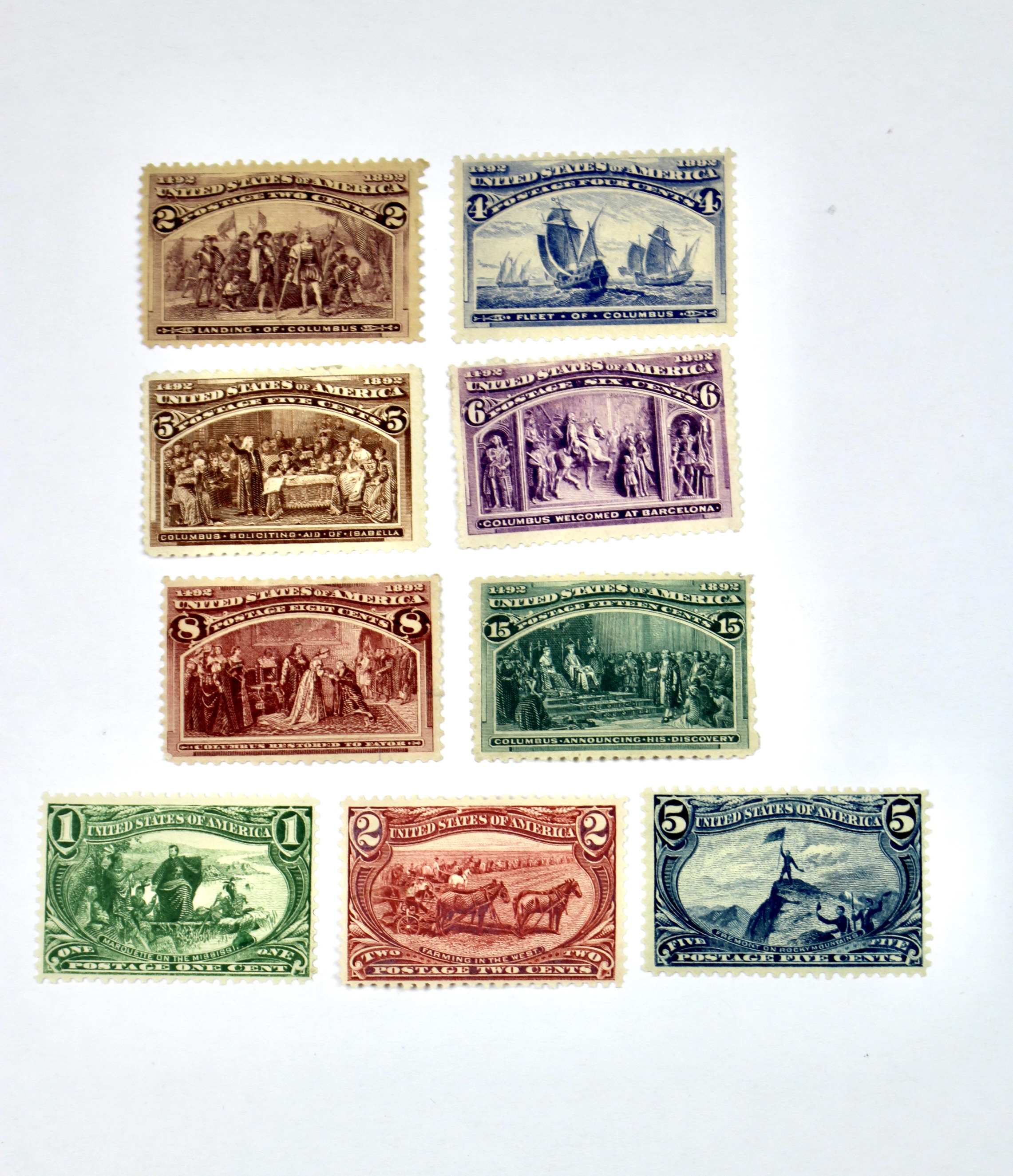 Nine MH Early U.S. Commemorative Postage Stamps, 1890s