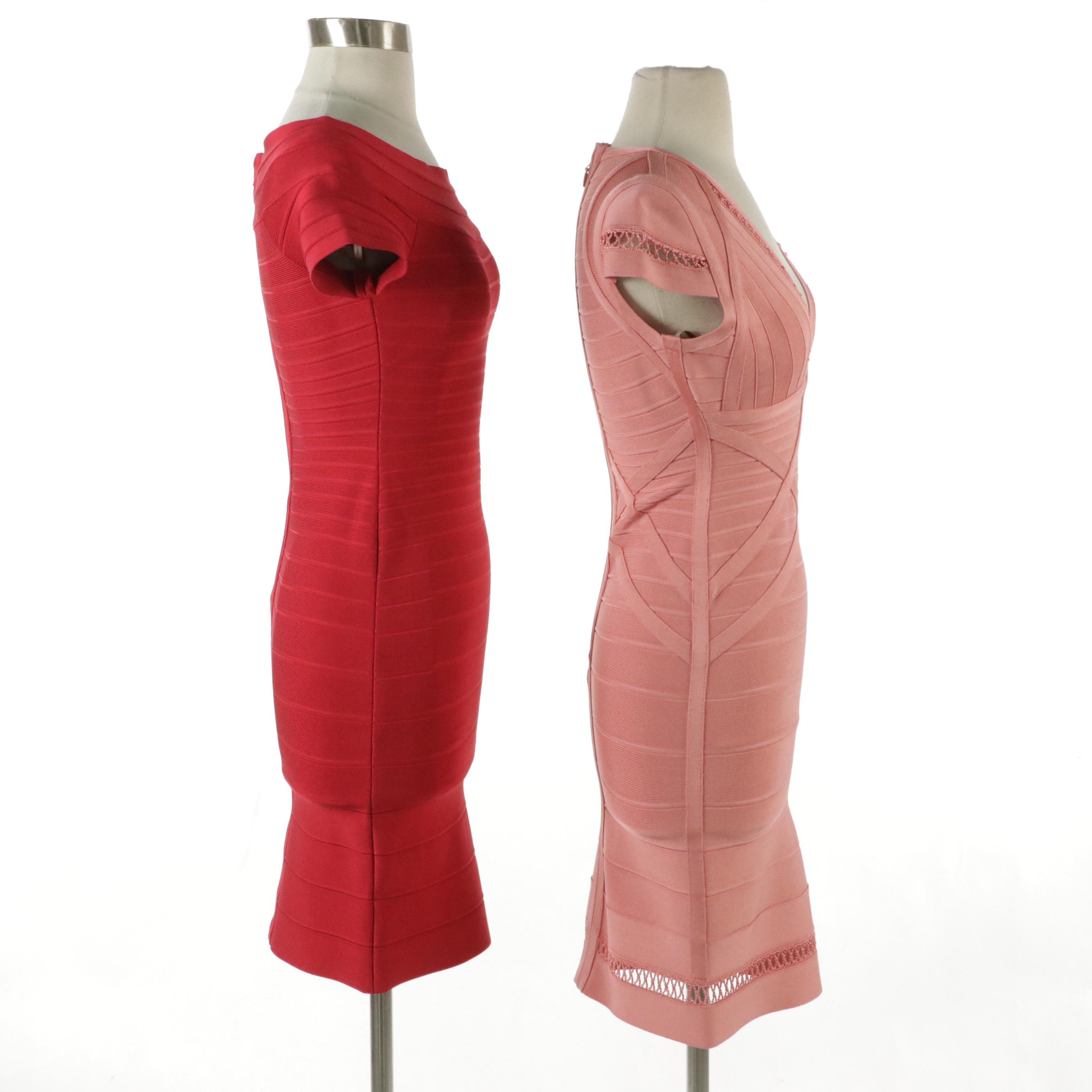 Herve Leger Bodycon Bandage Dresses in Salmon Pink and Red Stretch Rayon