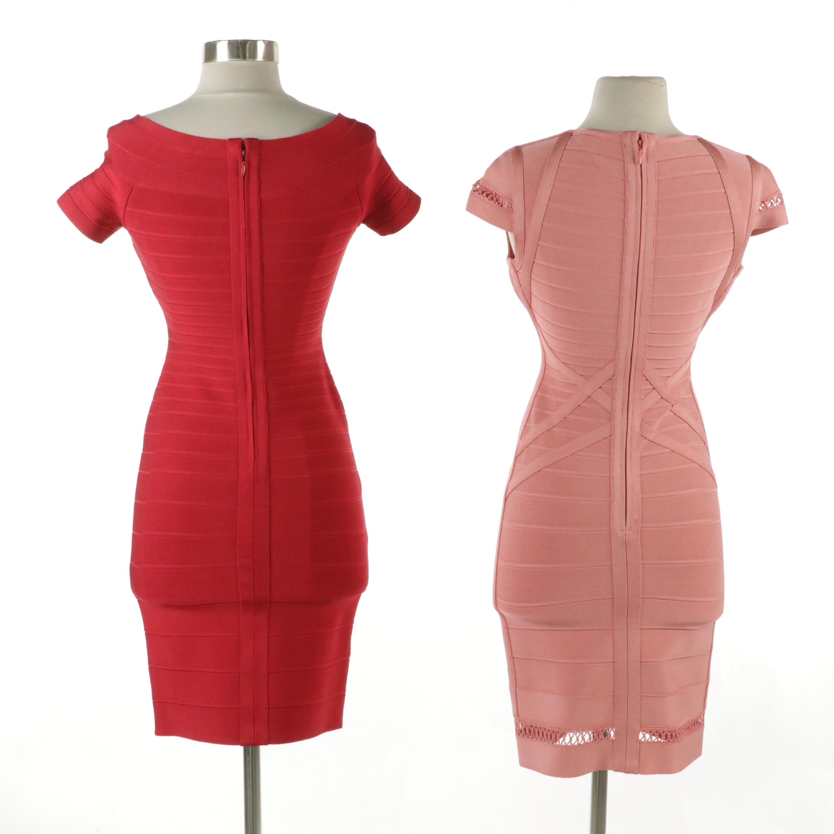 Herve Leger Bodycon Bandage Dresses in Salmon Pink and Red Stretch Rayon