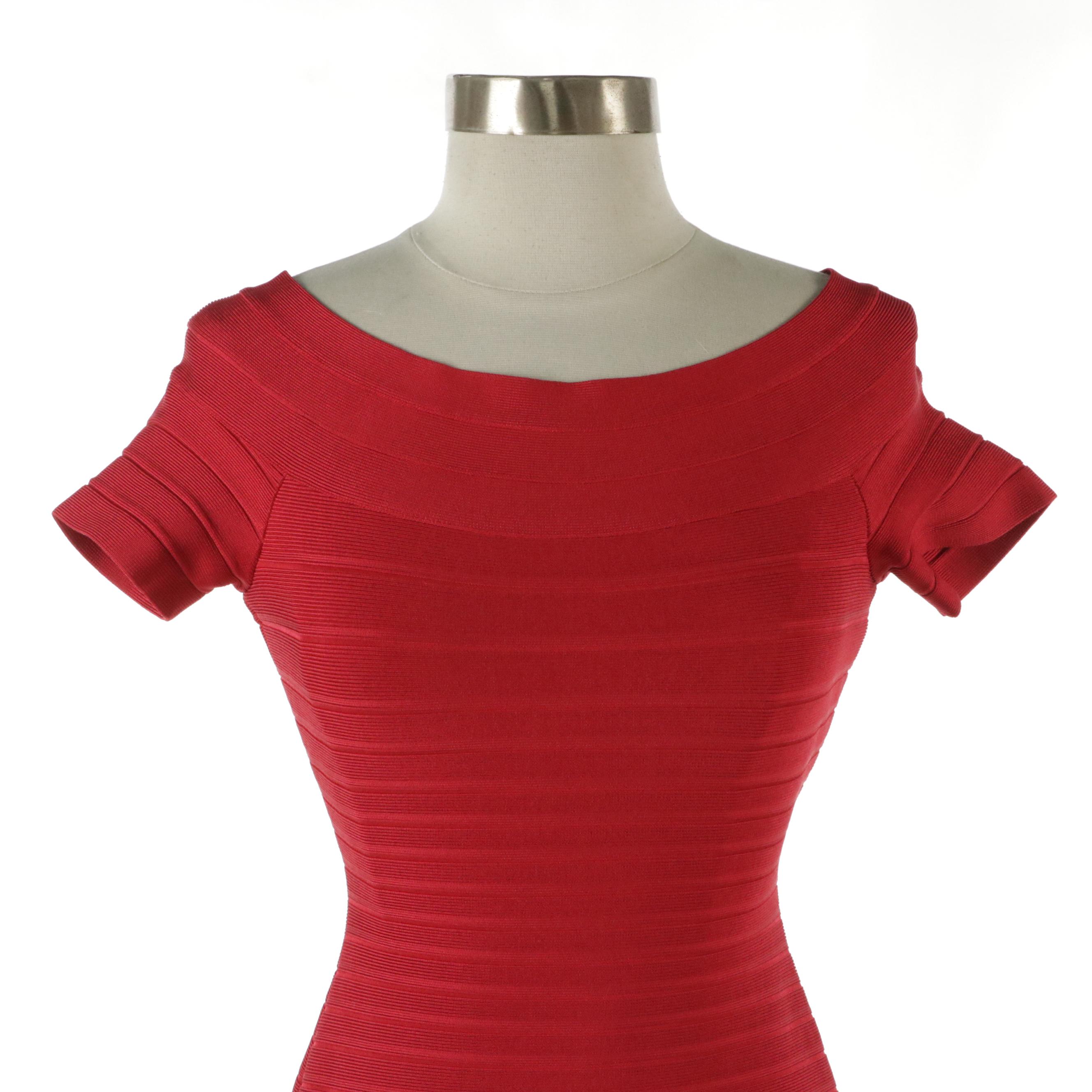 Herve Leger Bodycon Bandage Dresses in Salmon Pink and Red Stretch Rayon