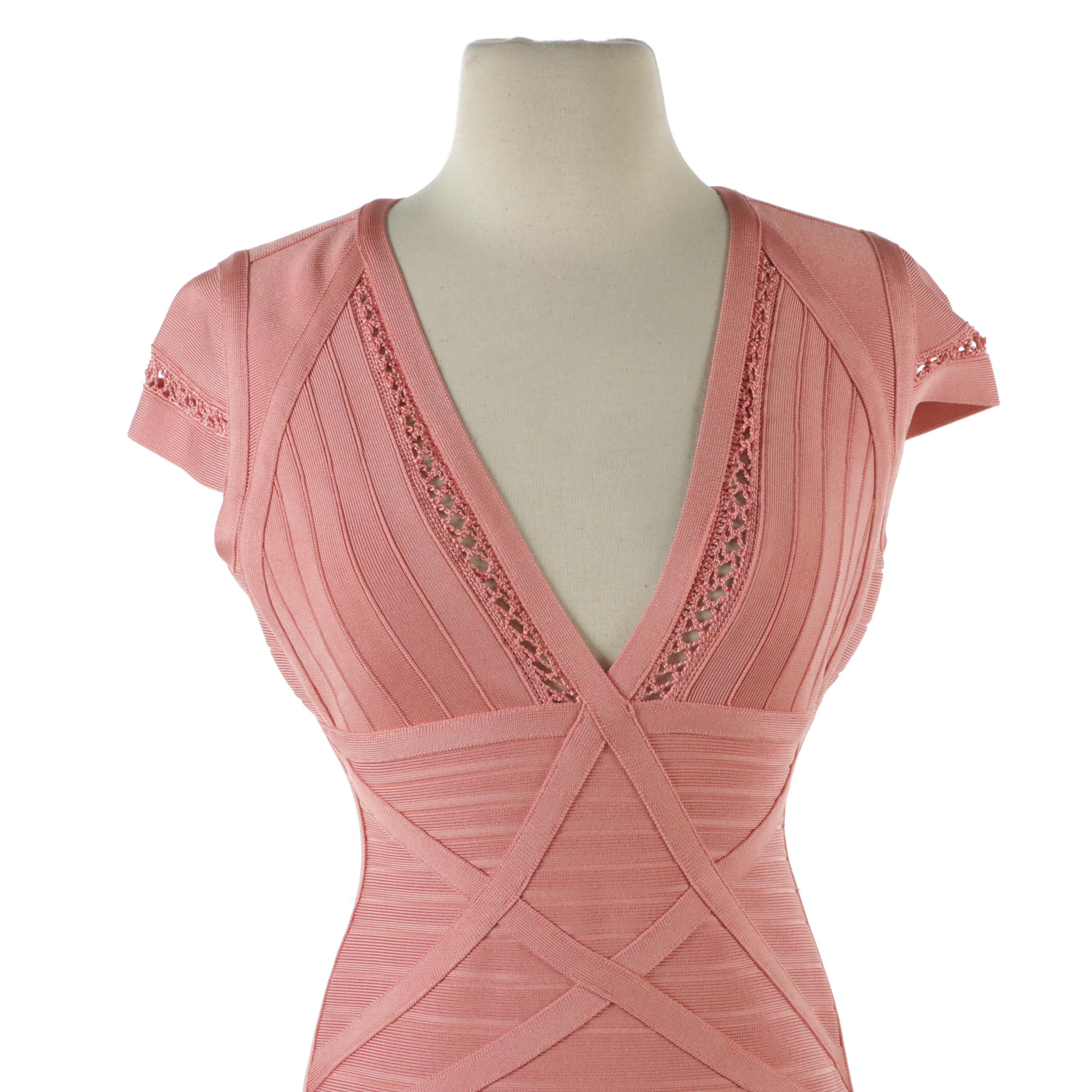 Herve Leger Bodycon Bandage Dresses in Salmon Pink and Red Stretch Rayon