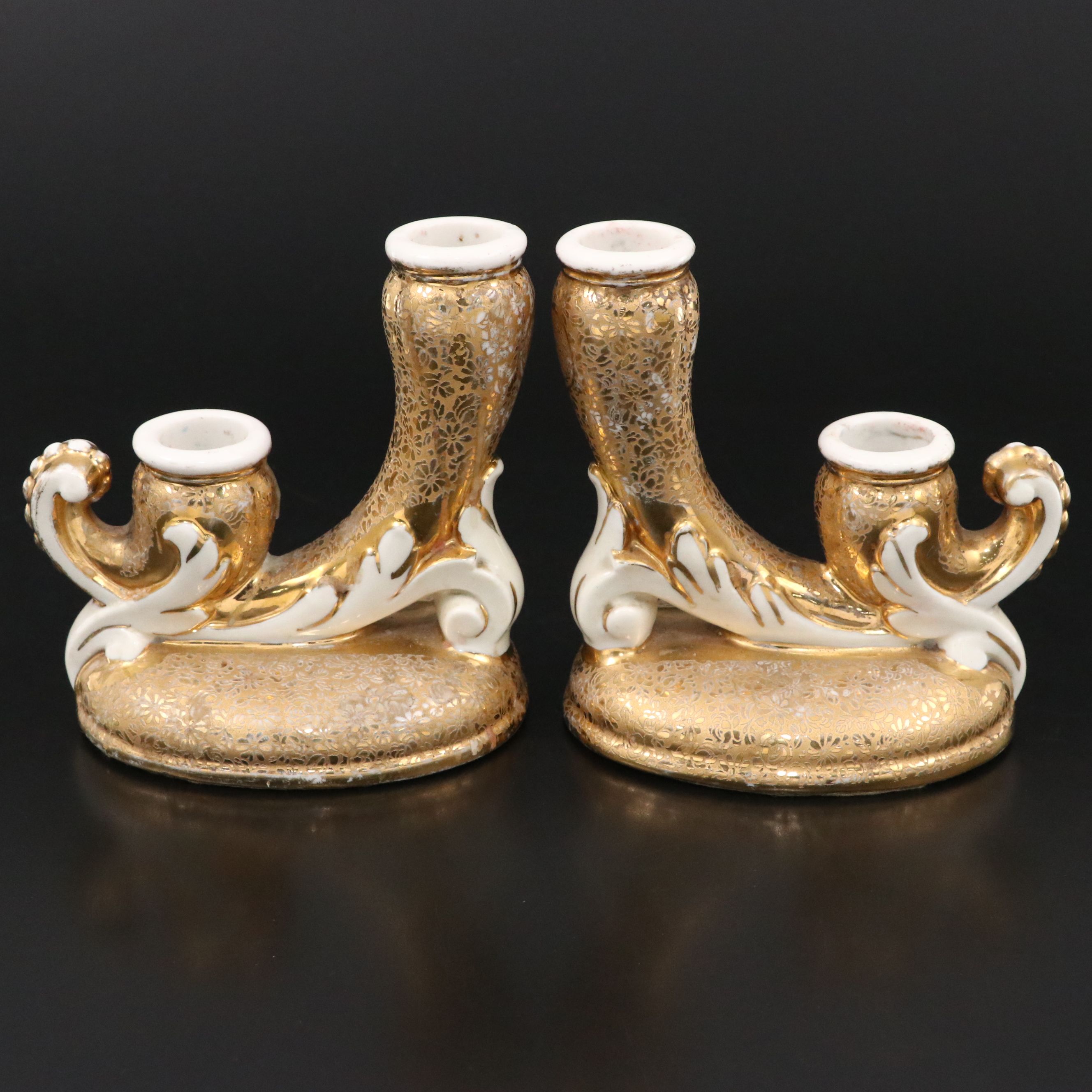 Le Mieux Floral 24K Gold Gilt Porcelain Double Candlesticks
