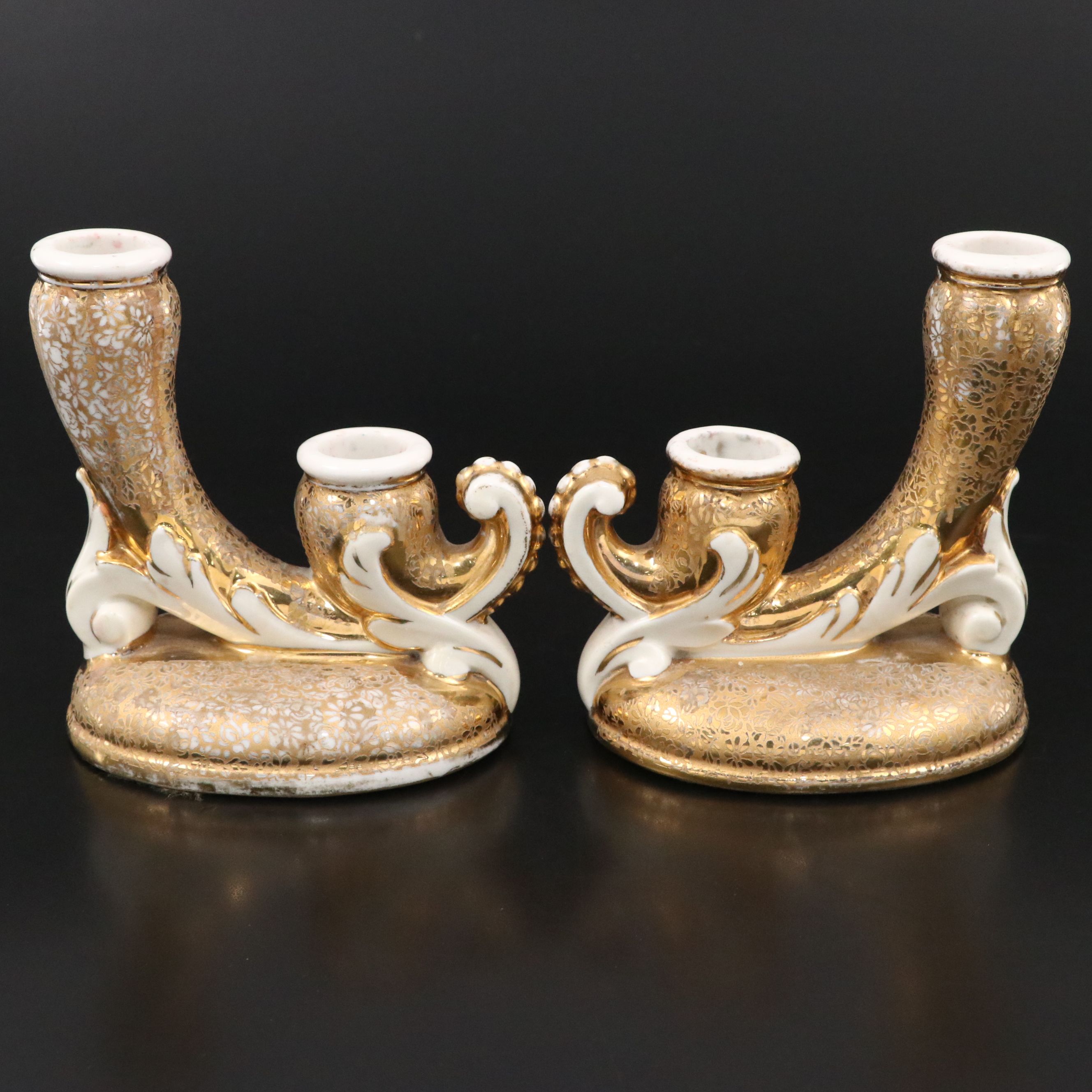 Le Mieux Floral 24K Gold Gilt Porcelain Double Candlesticks