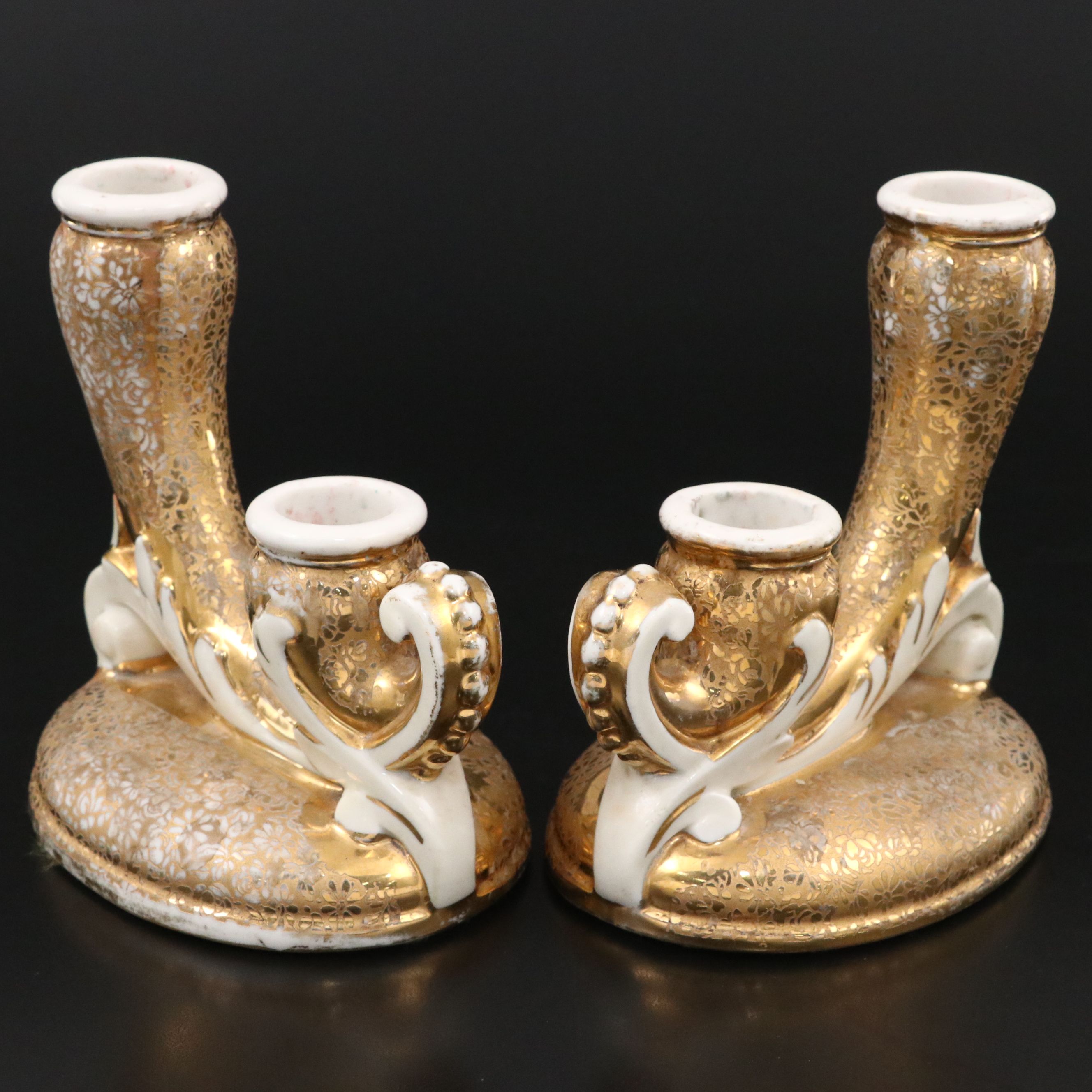 Le Mieux Floral 24K Gold Gilt Porcelain Double Candlesticks