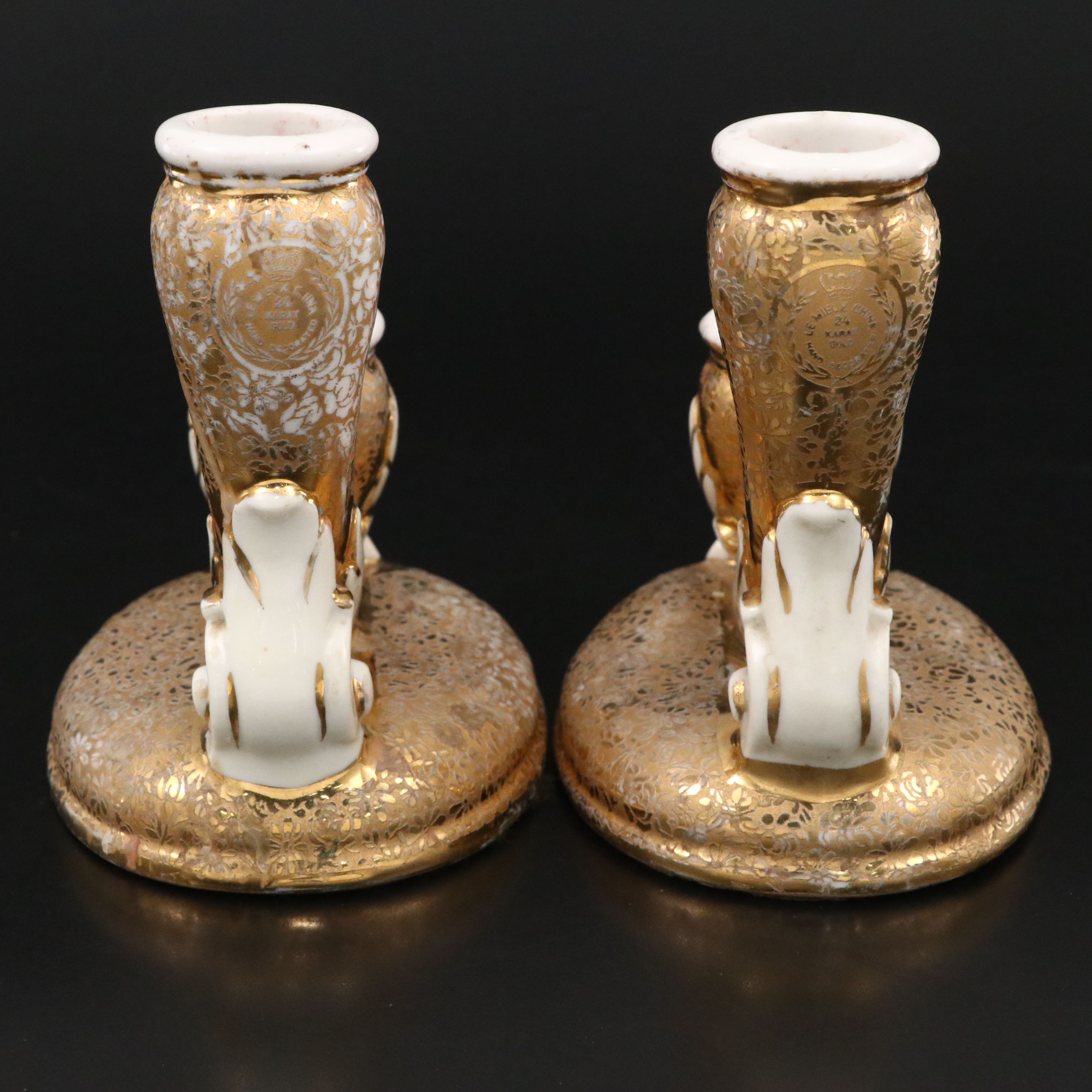 Le Mieux Floral 24K Gold Gilt Porcelain Double Candlesticks