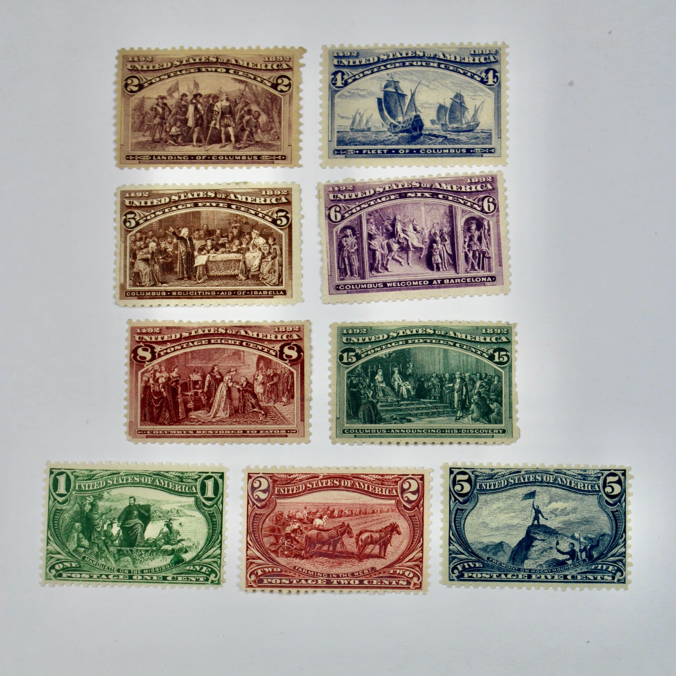 Nine MH Early U.S. Commemorative Postage Stamps, 1890s