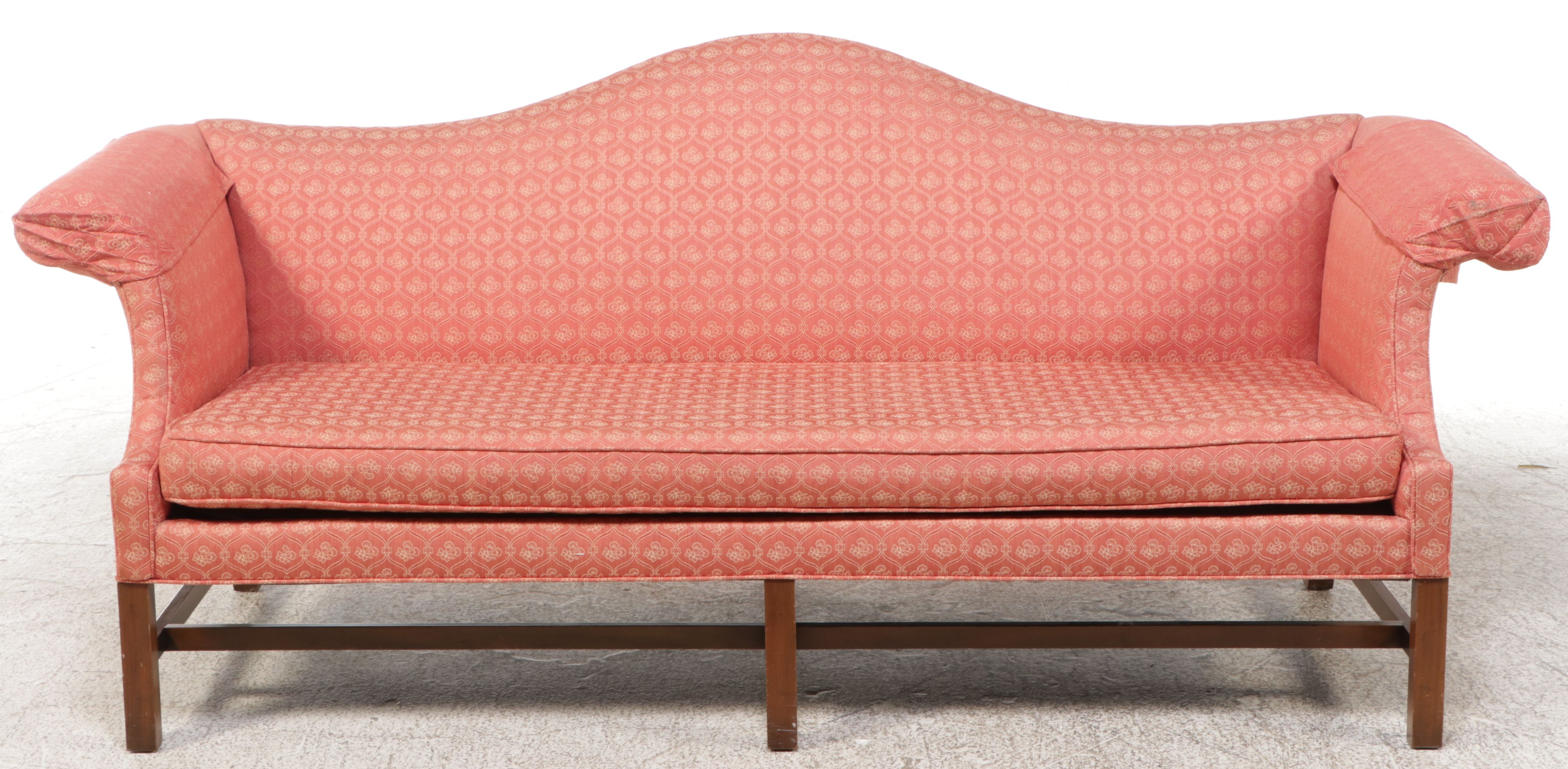 Chippendale Style Upholstered Camelback Sofa in Red Floral Pattern