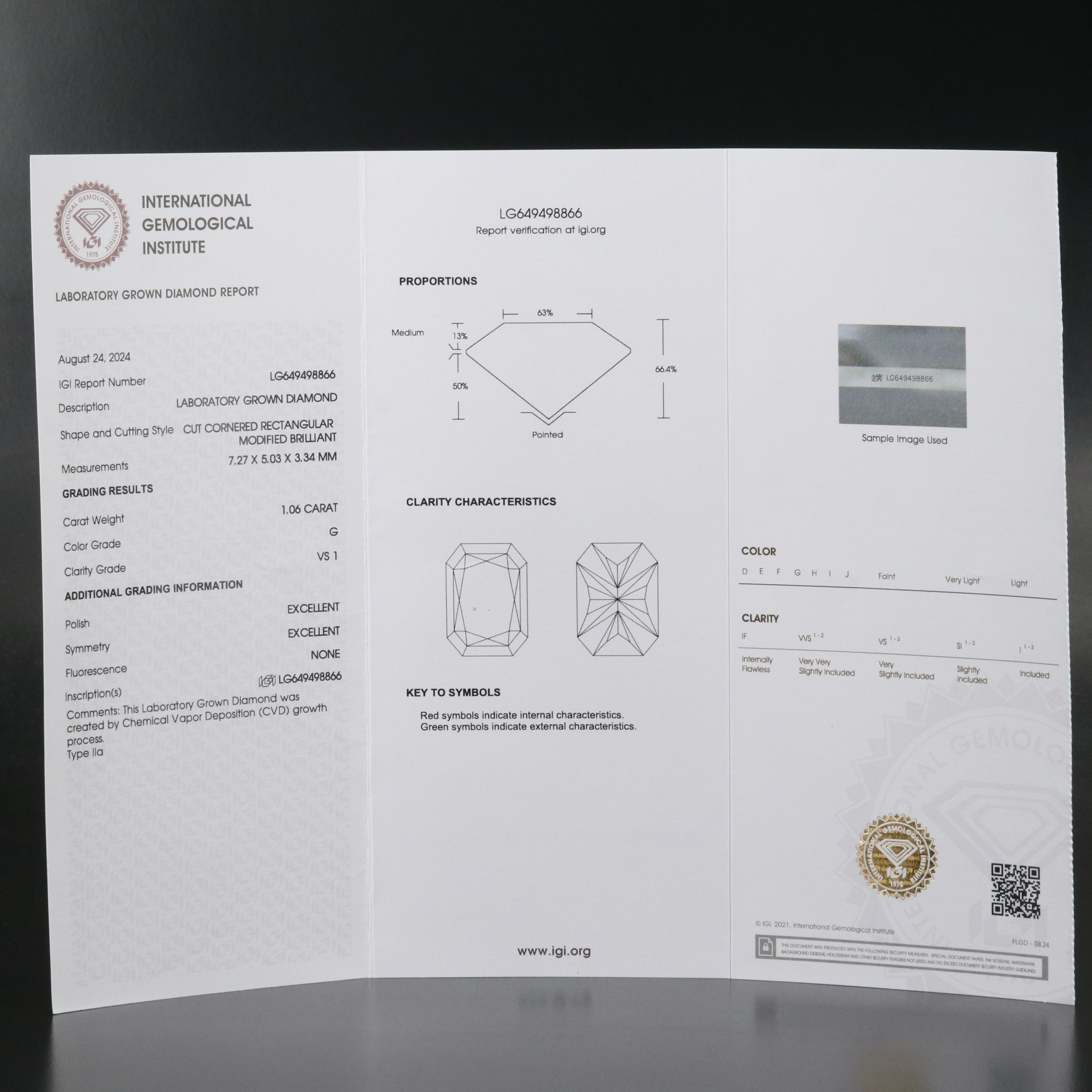 Loose 1.06 CT Lab Grown Diamond with IGI Report