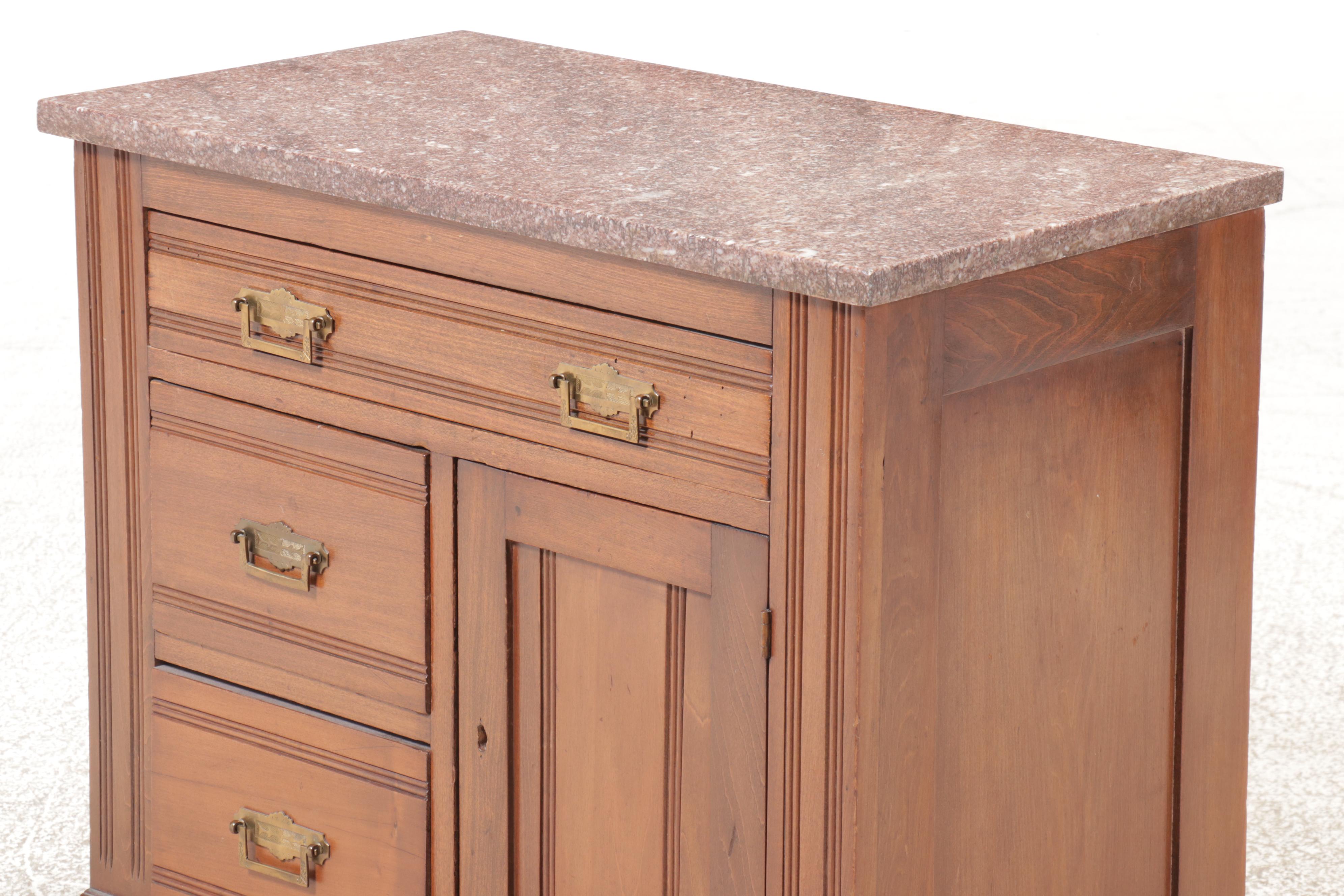 Eastlake Walnut Washstand with Marble Top on Casters