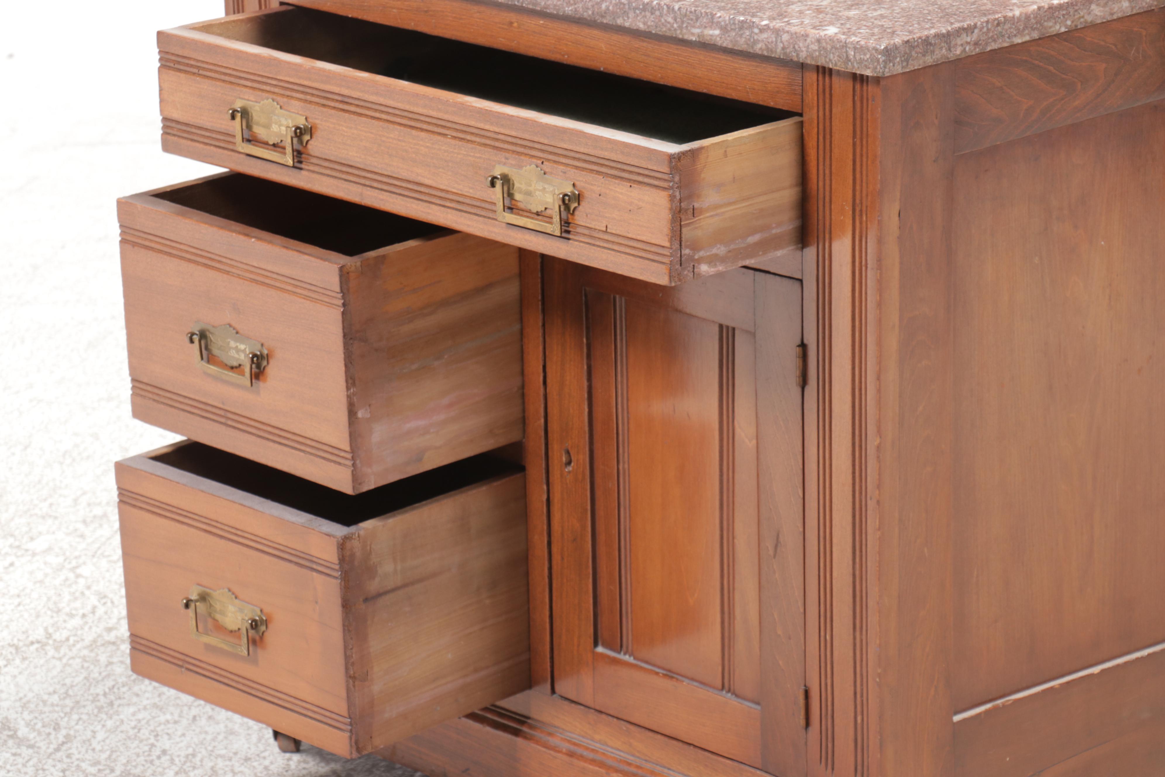 Eastlake Walnut Washstand with Marble Top on Casters