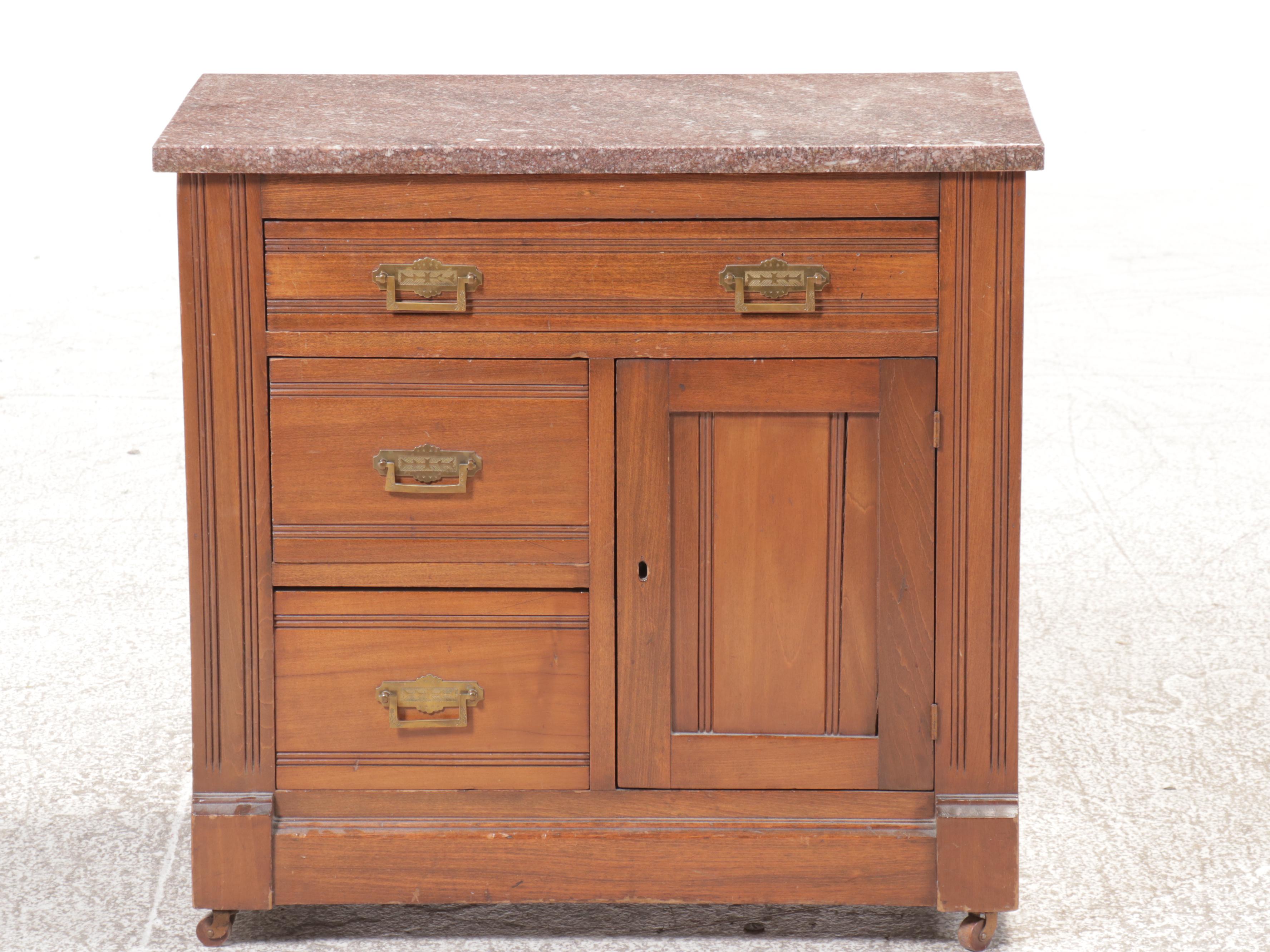 Eastlake Walnut Washstand with Marble Top on Casters