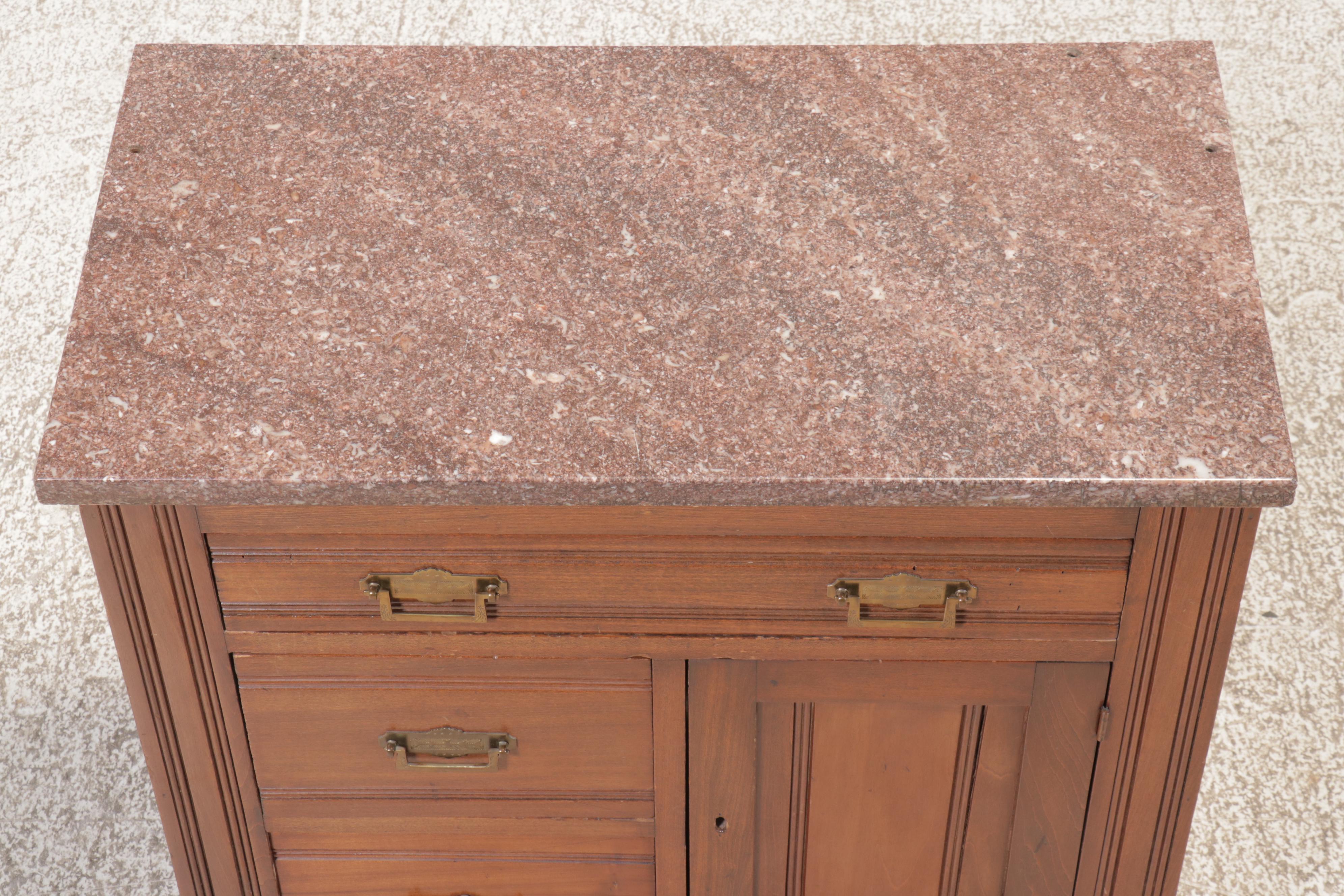 Eastlake Walnut Washstand with Marble Top on Casters