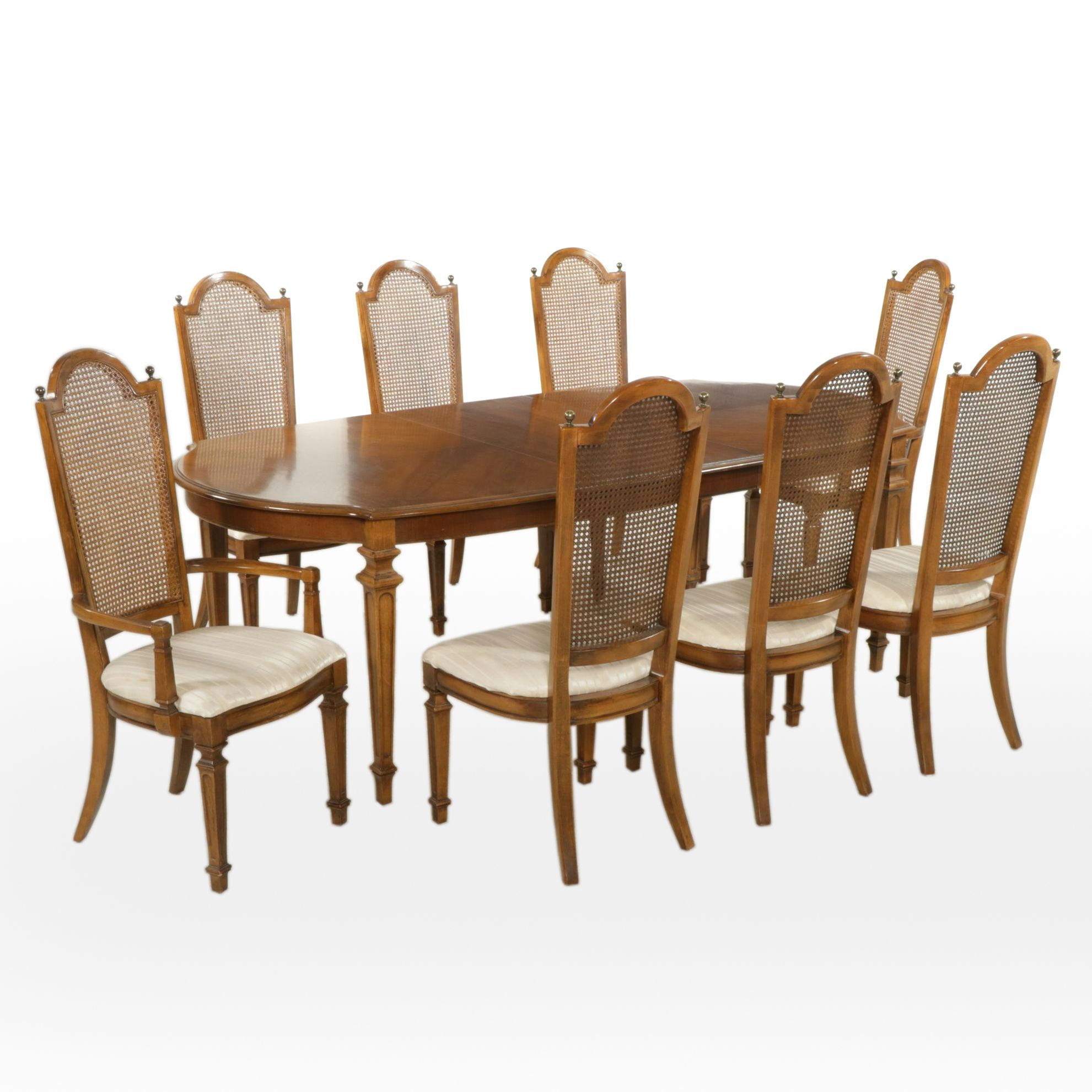 Walnut Dining Table with Eight Cane Back Chairs, Mid to Late 20th Century