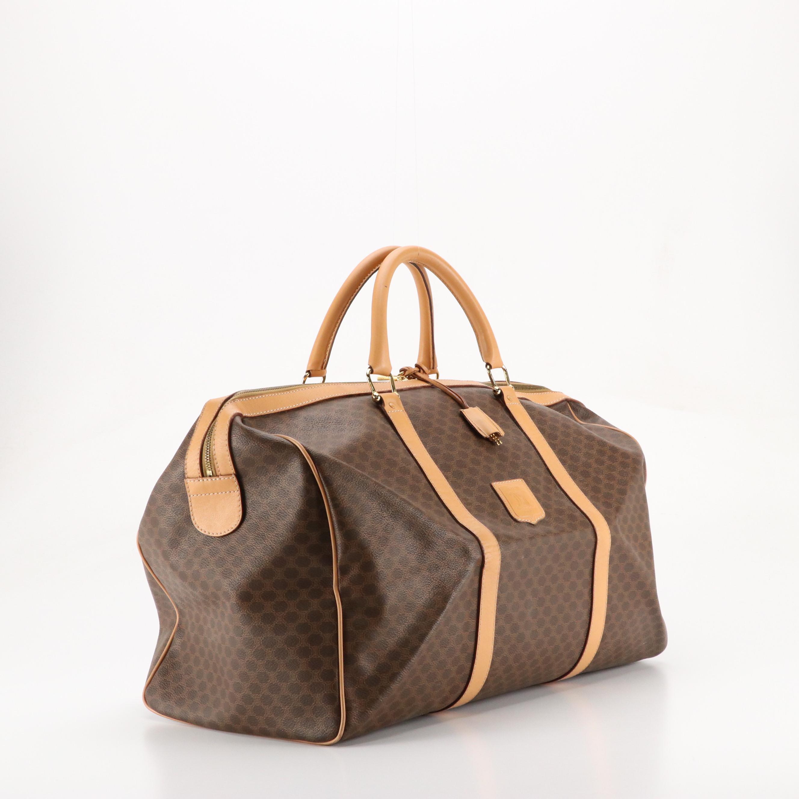 Celine Travel Duffel Bag in Macadam Coated Canvas and Beige Leather Trim