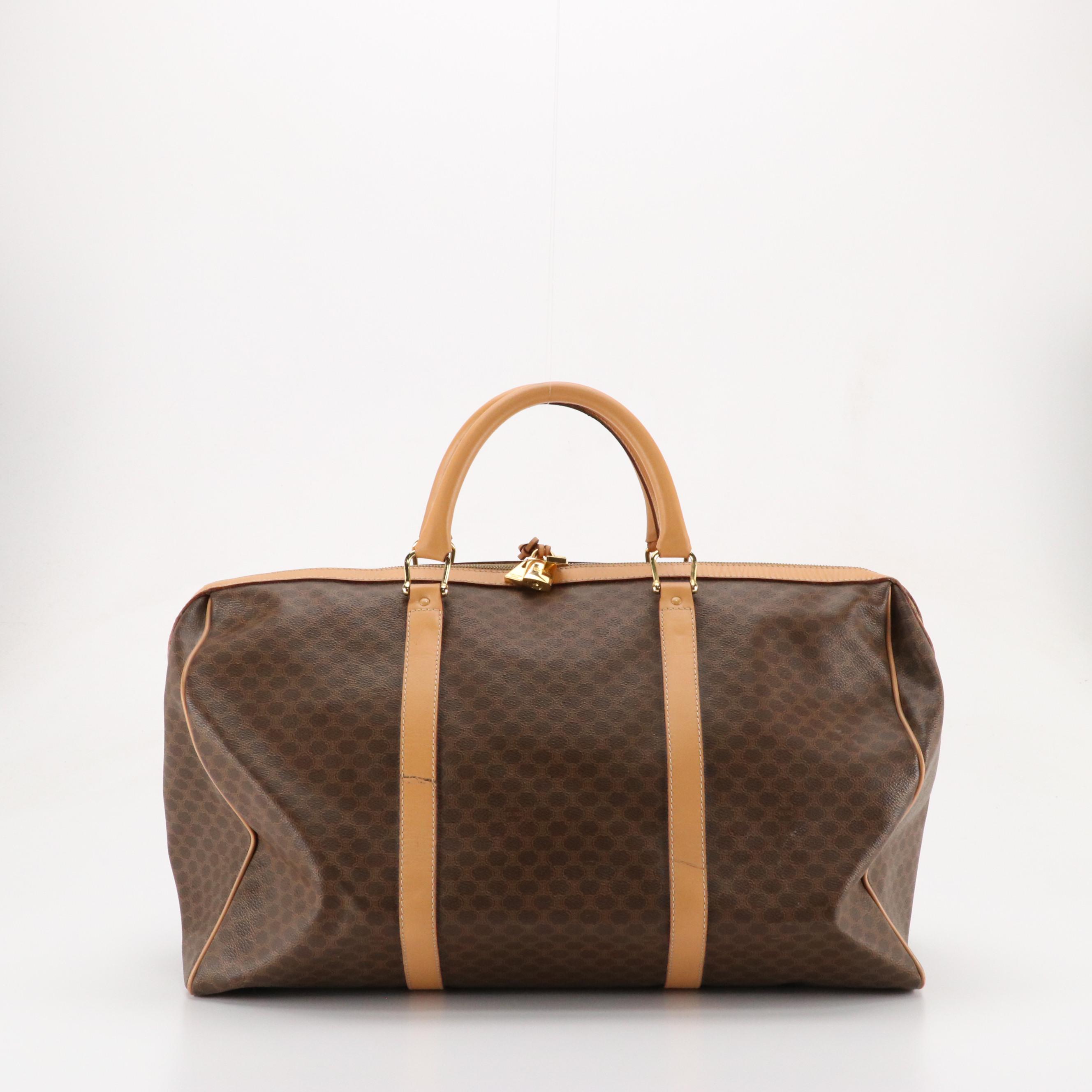 Celine Travel Duffel Bag in Macadam Coated Canvas and Beige Leather Trim