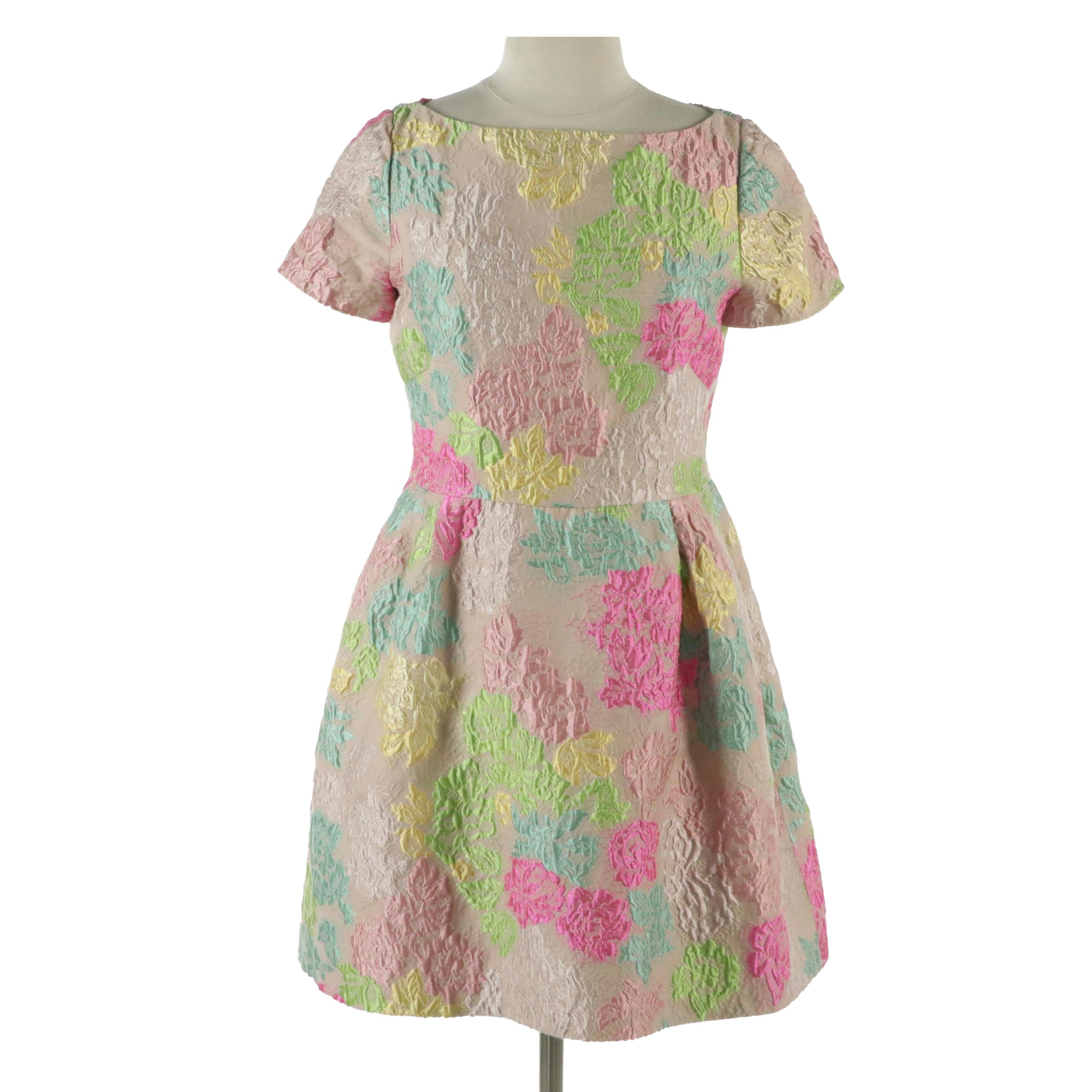 Valentino Multicolor Floral Jacquard Pleated Waist Dress with Pockets