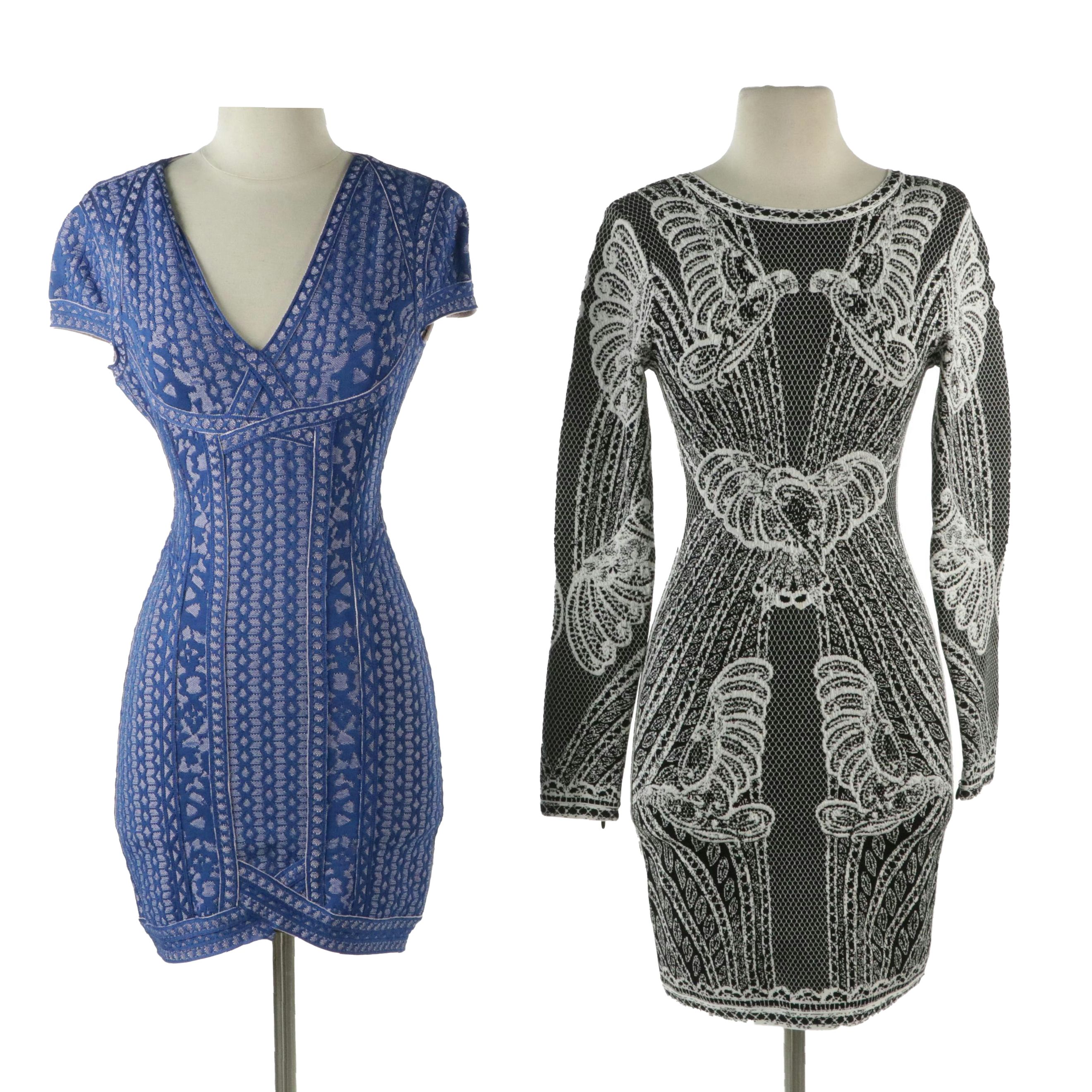 Herve Leger Lace Illusion Bodycon Dresses in Black and Royal Blue Rayon Stretch