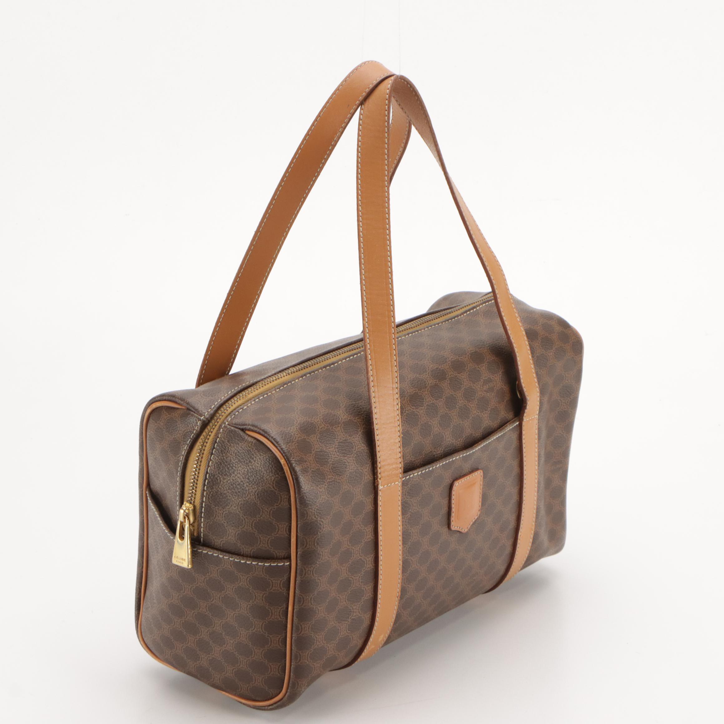 Celine Boston Bag in Dark Brown Macadam Canvas and Leather Trim