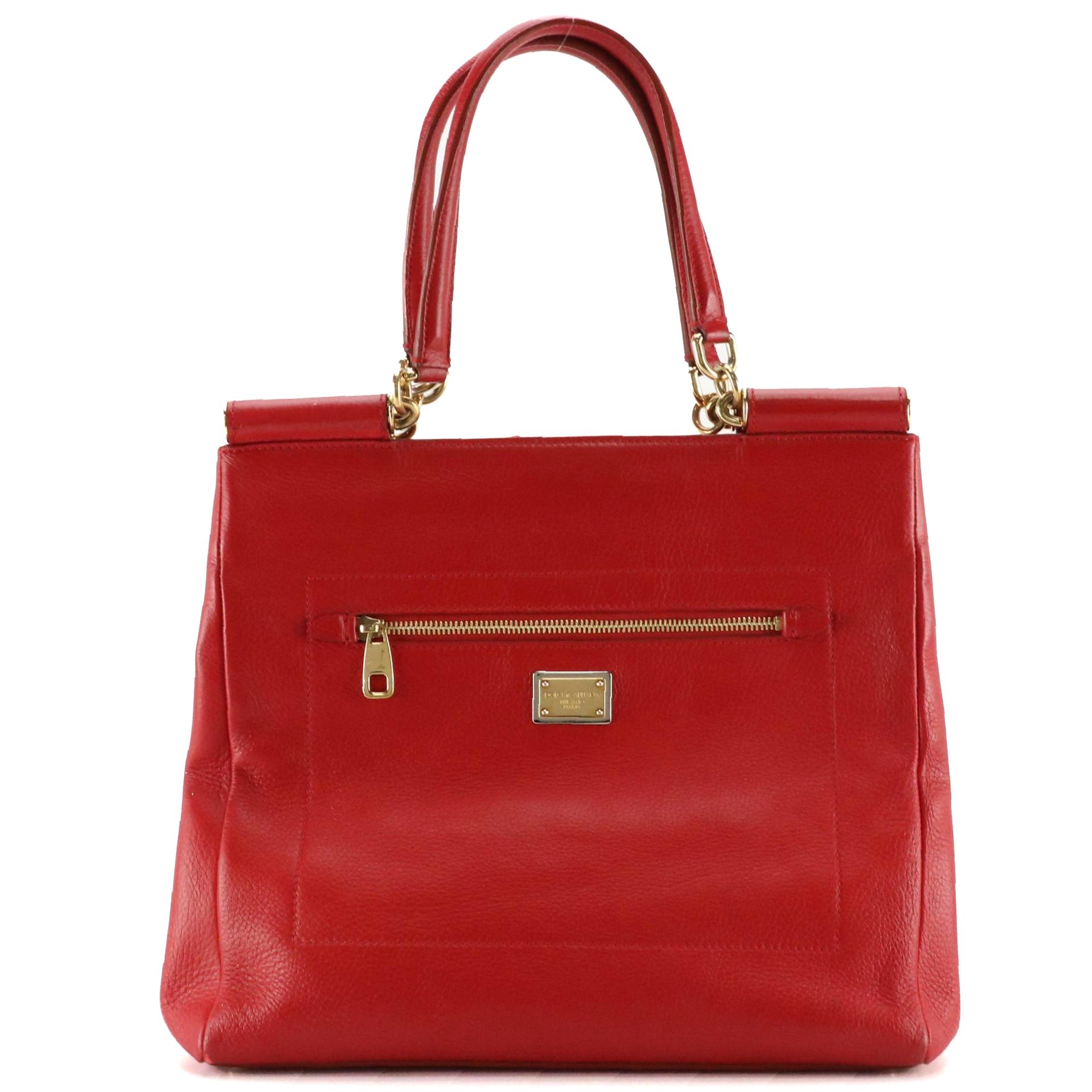 Dolce & Gabbana Front Pocket Sicily Tote in Red Grained Calfskin Leather