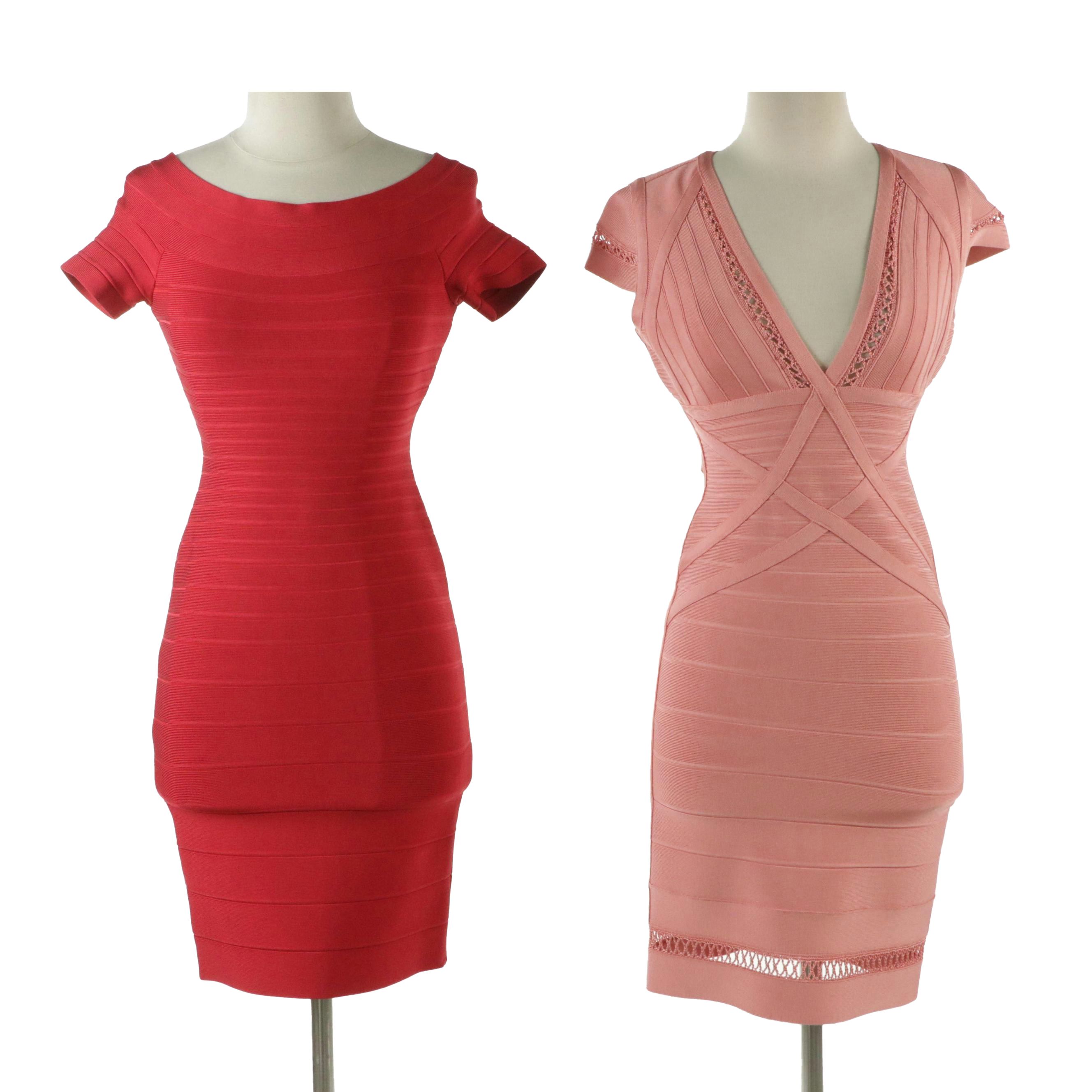Herve Leger Bodycon Bandage Dresses in Salmon Pink and Red Stretch Rayon