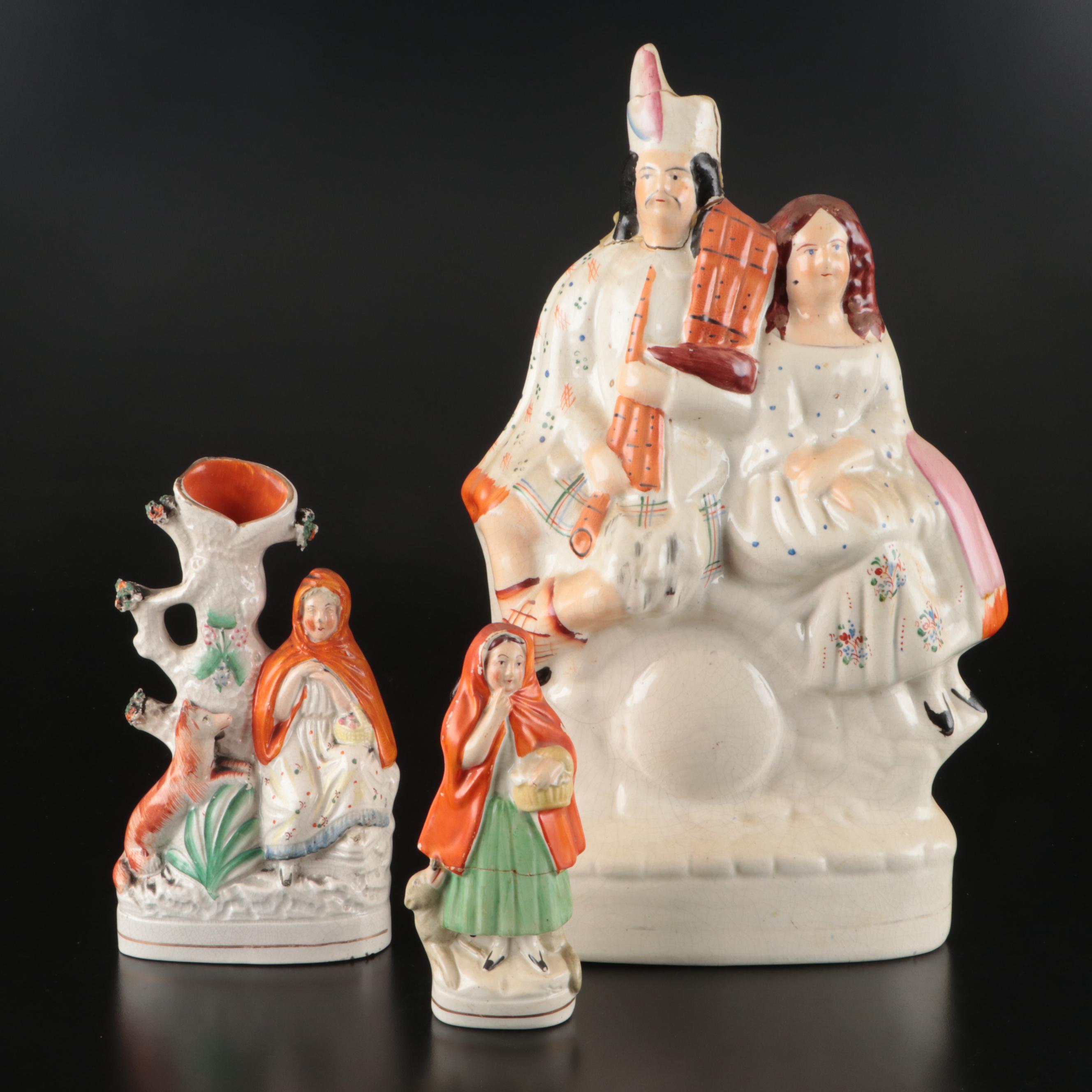 Staffordshire Little Red Riding Hood Spill Vase and Figurine with Faux Clock