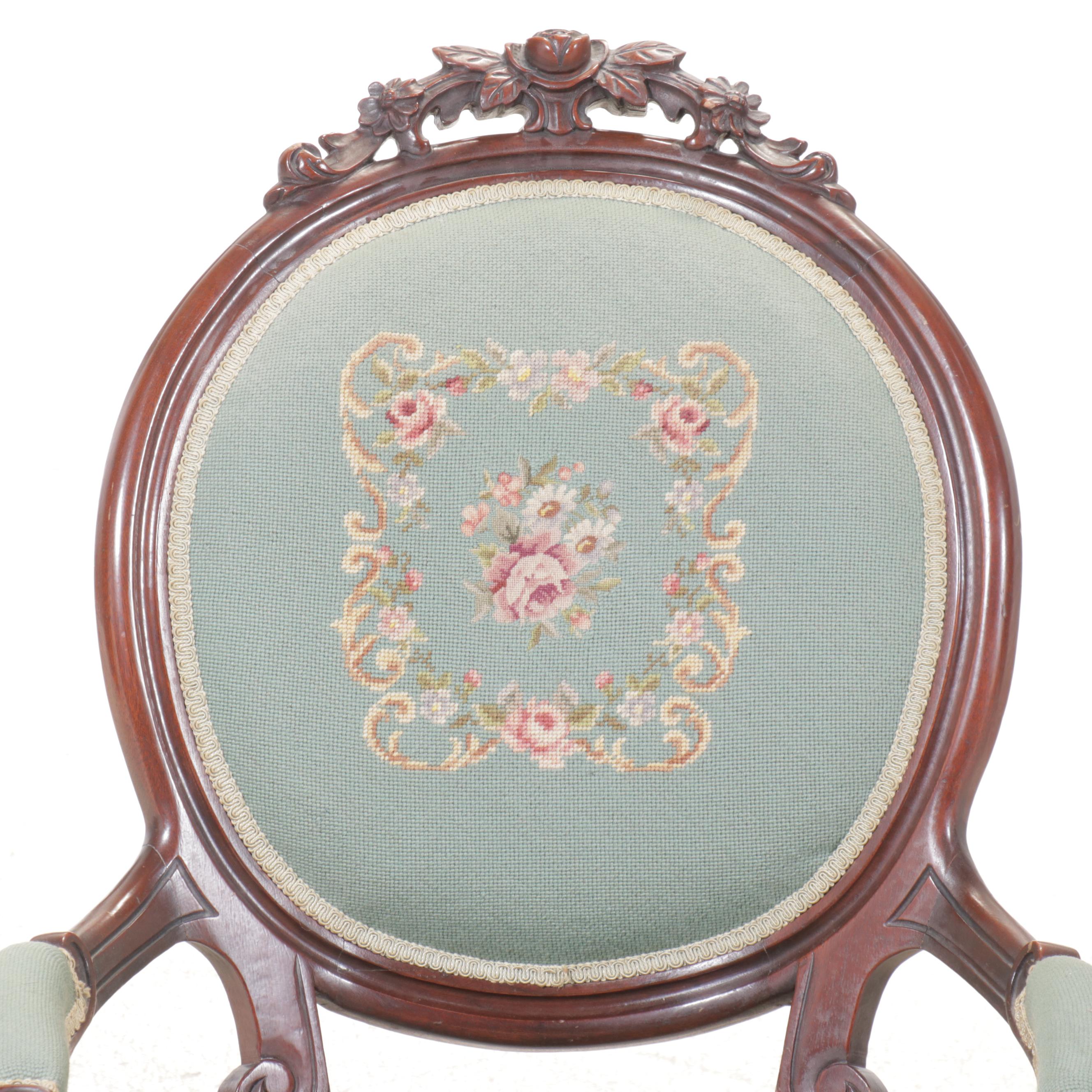Victorian Carved Mahogany Needlepoint Floral Armchair