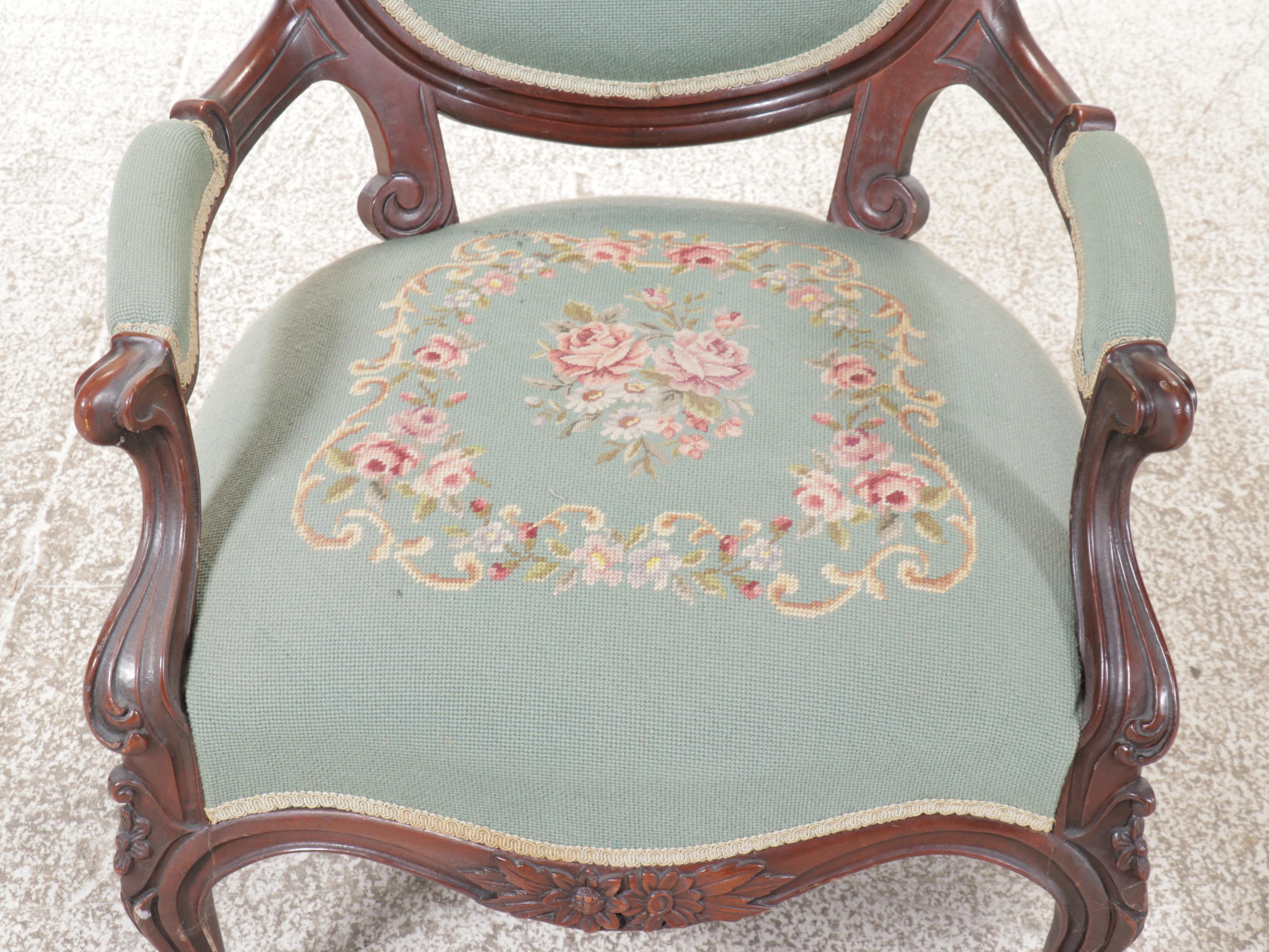 Victorian Carved Mahogany Needlepoint Floral Armchair