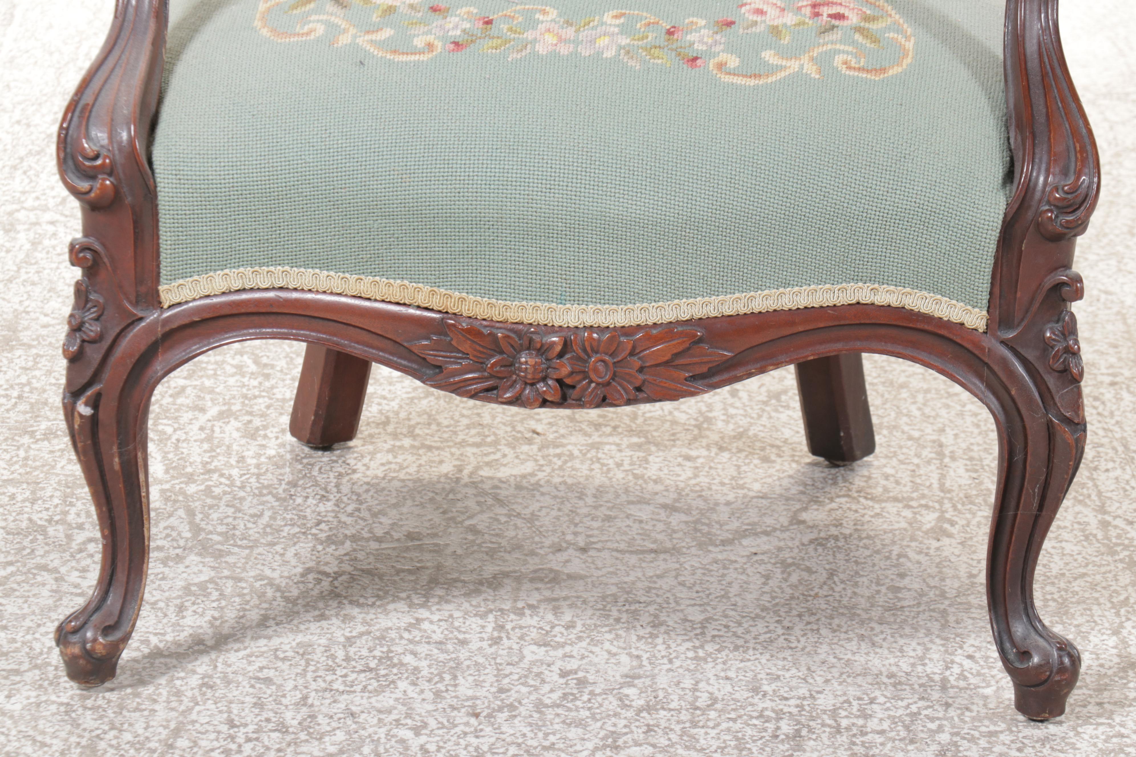 Victorian Carved Mahogany Needlepoint Floral Armchair