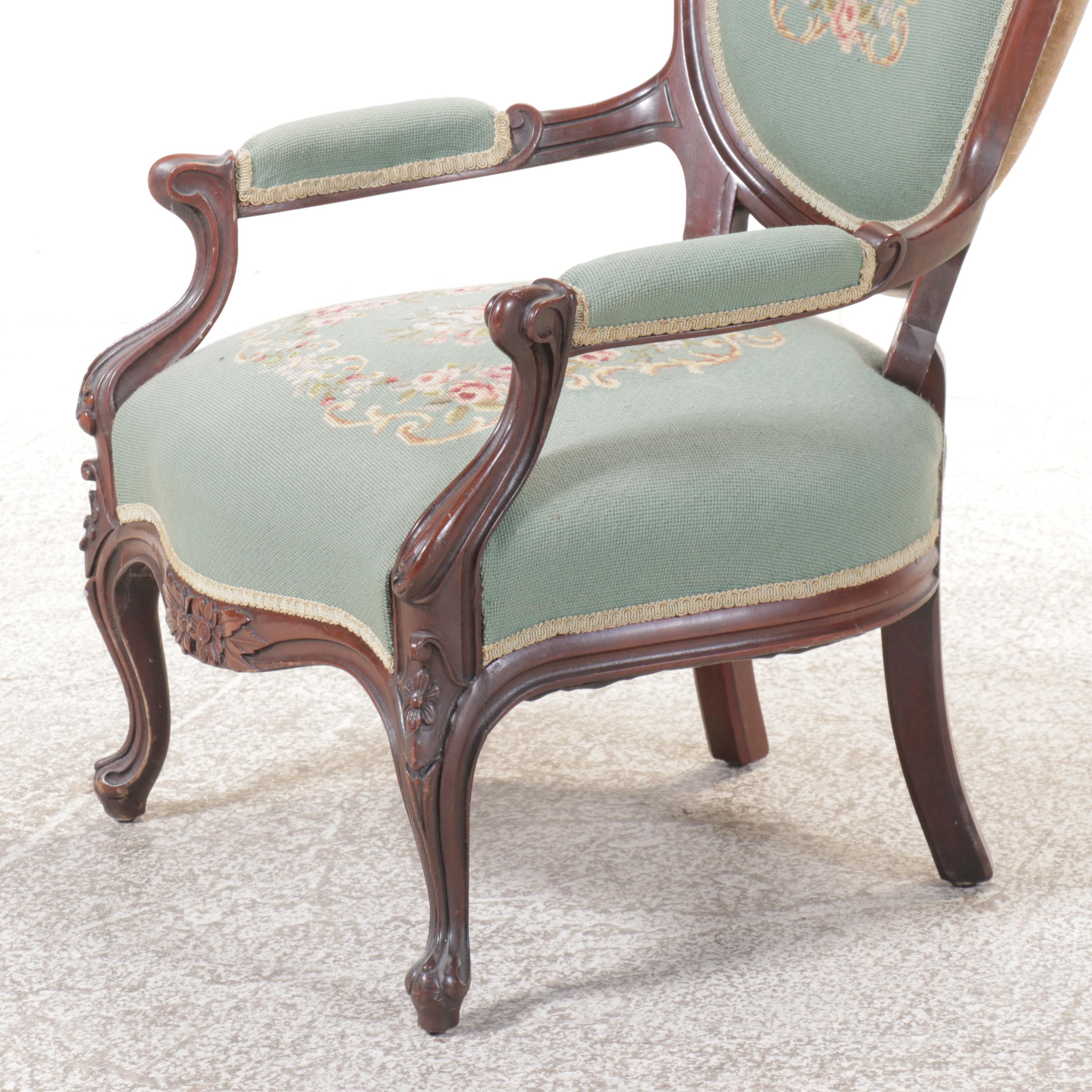 Victorian Carved Mahogany Needlepoint Floral Armchair