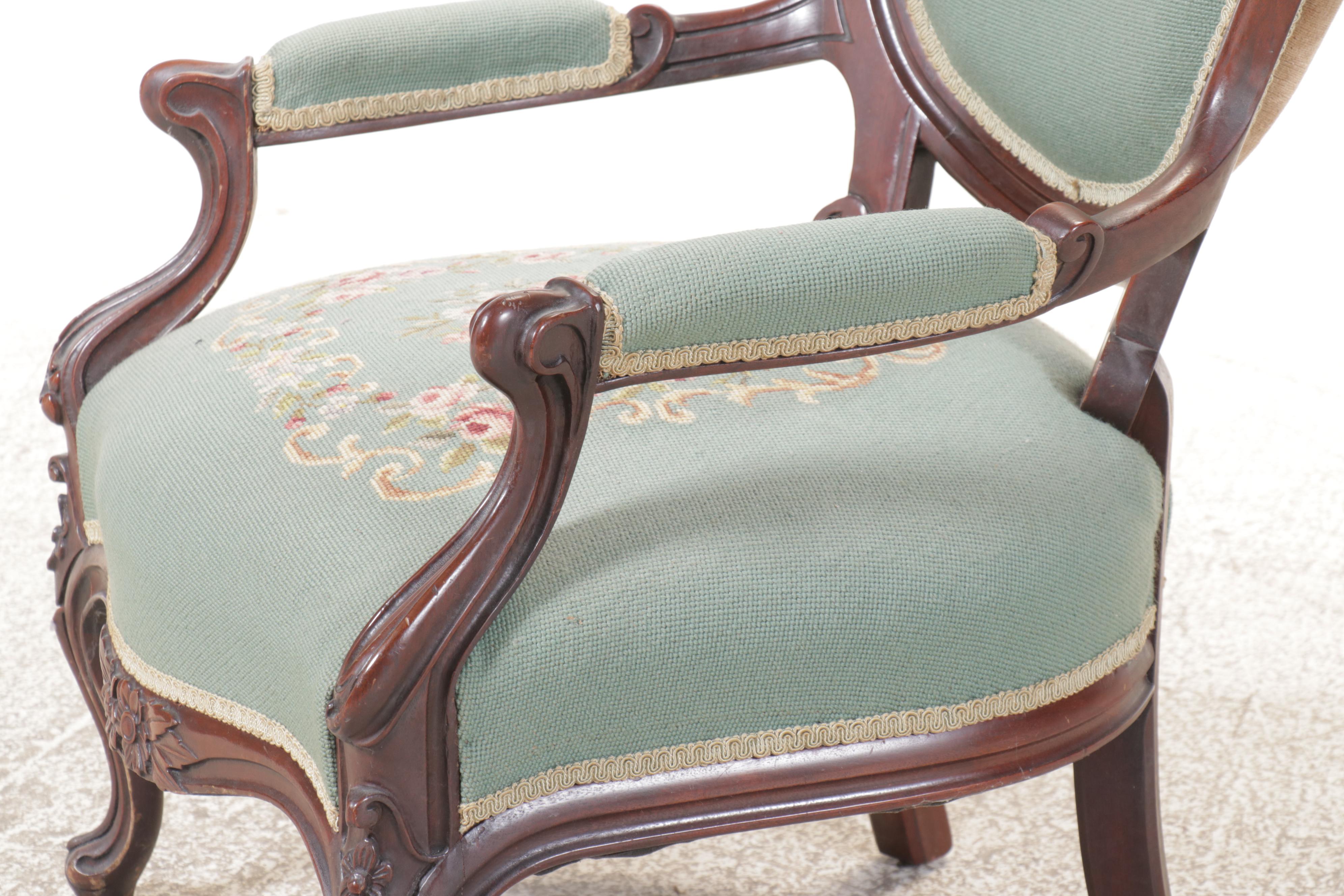 Victorian Carved Mahogany Needlepoint Floral Armchair