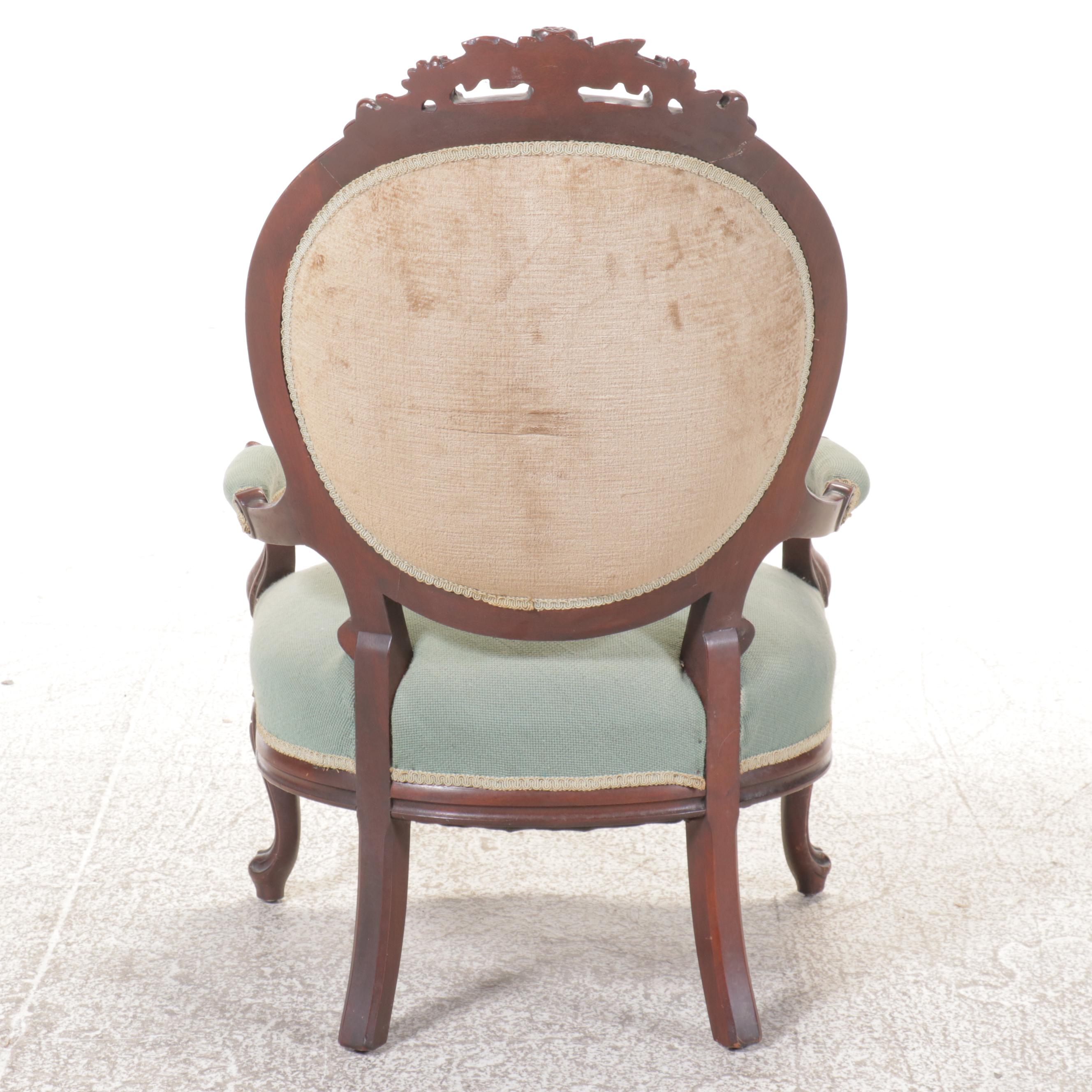 Victorian Carved Mahogany Needlepoint Floral Armchair