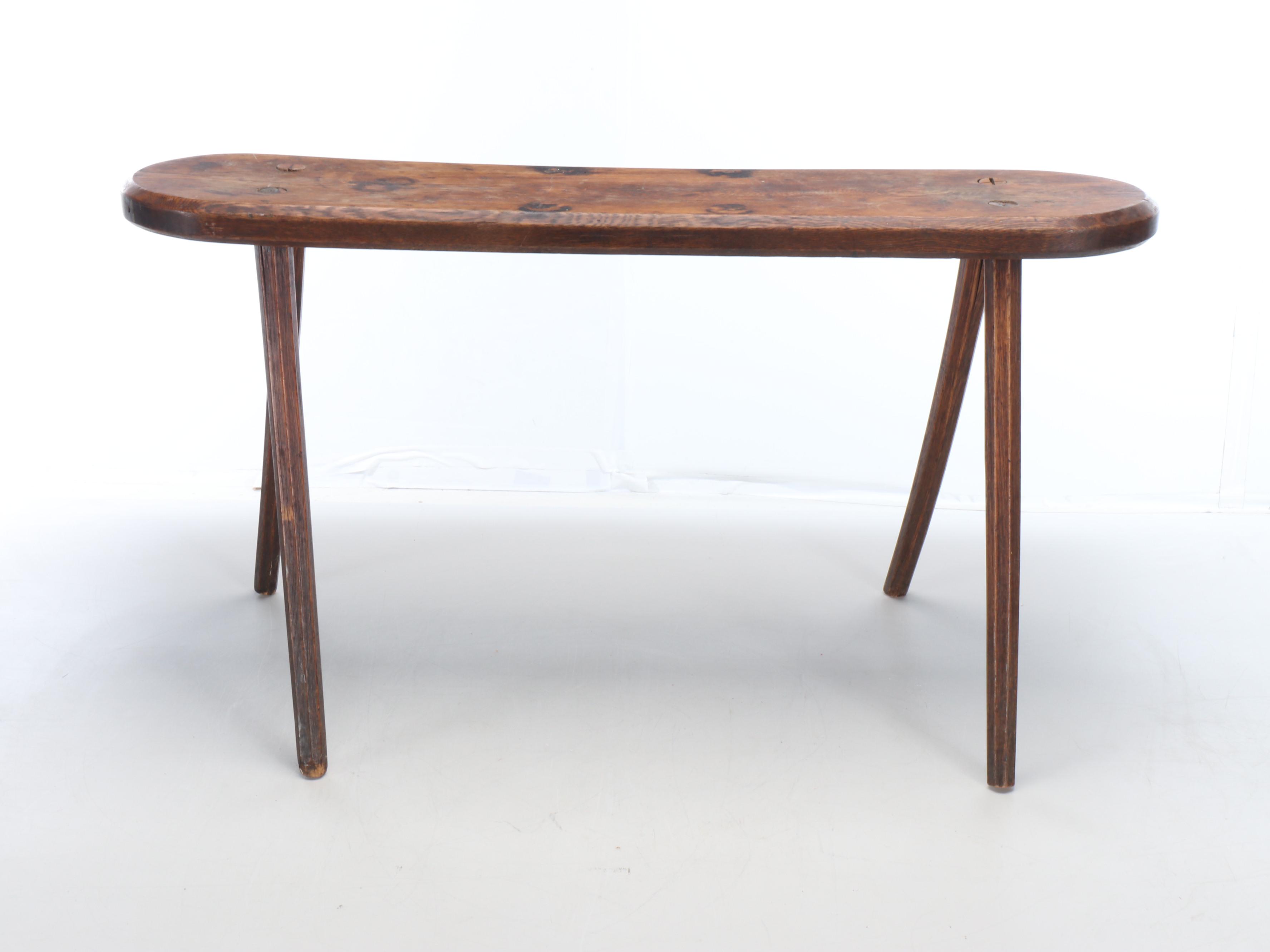 American Primitive Style Hand-Carved Oak Bench with Peg Coat Rack