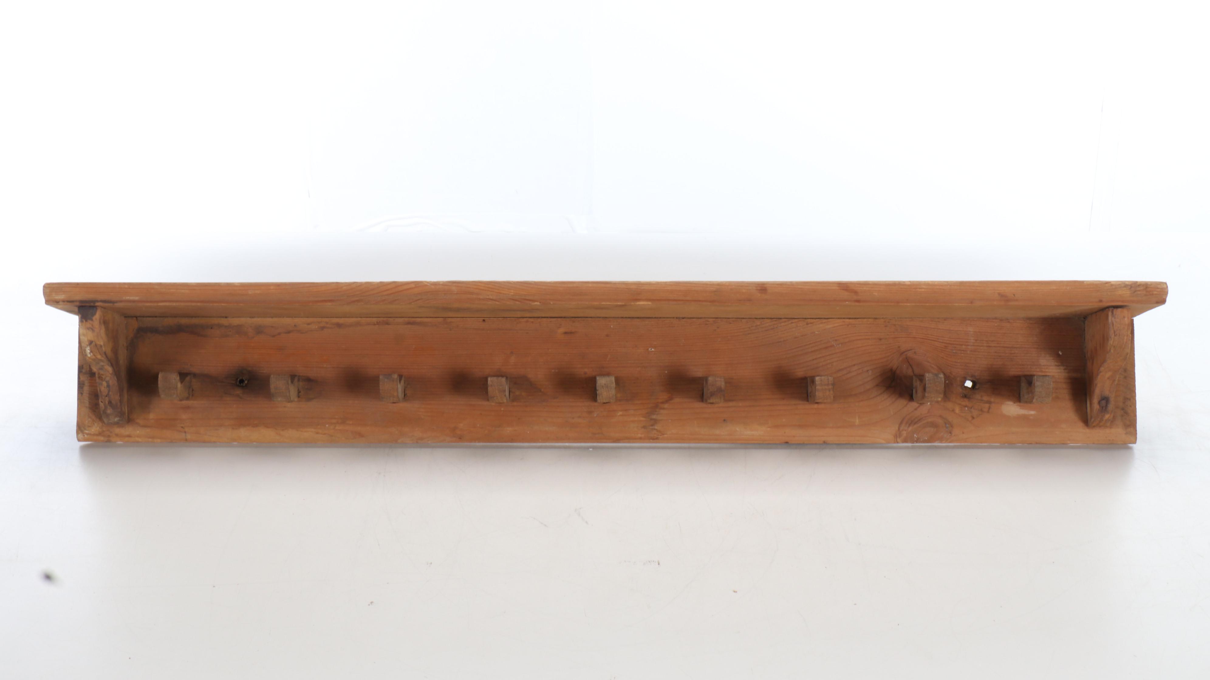 American Primitive Style Hand-Carved Oak Bench with Peg Coat Rack
