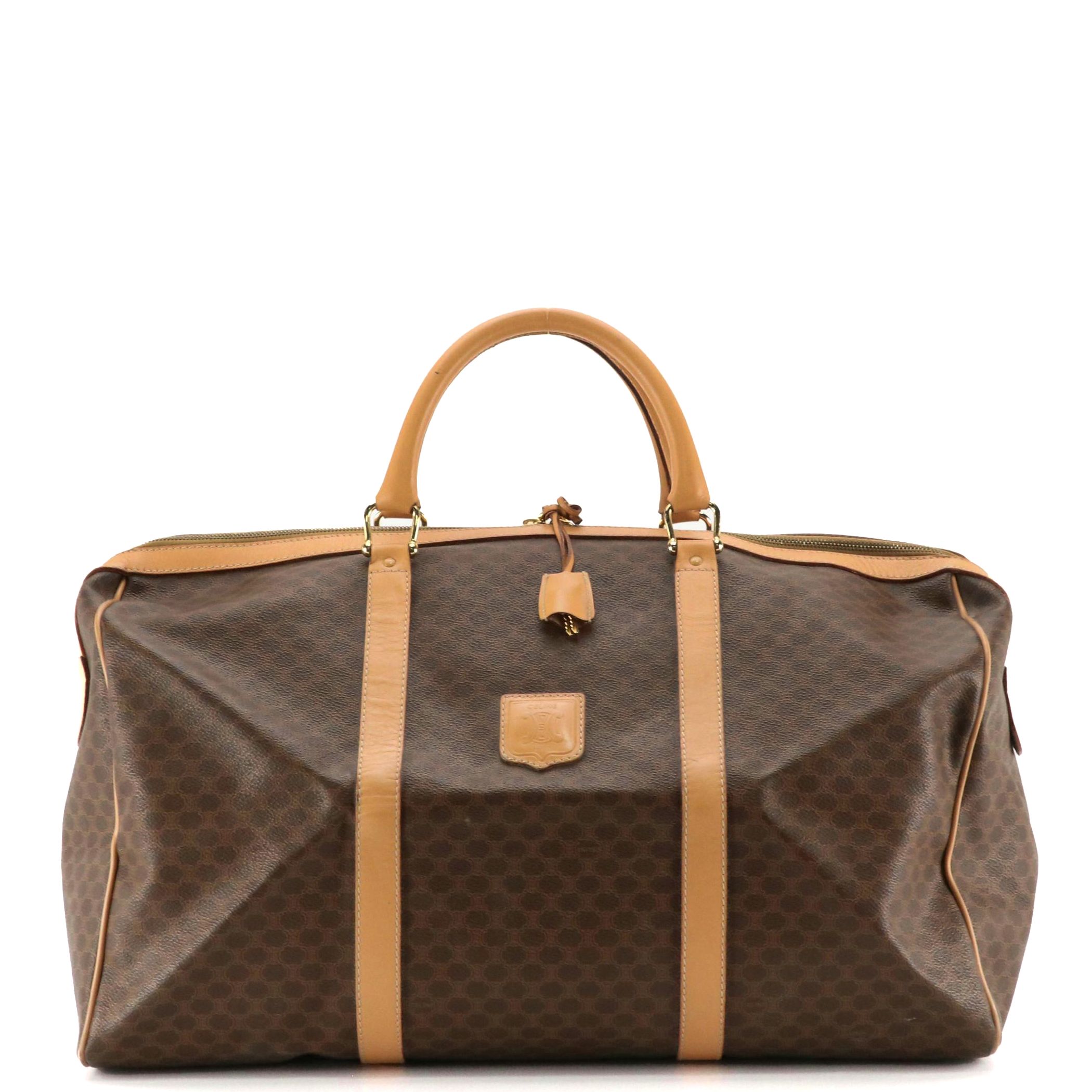 Celine Travel Duffel Bag in Macadam Coated Canvas and Beige Leather Trim