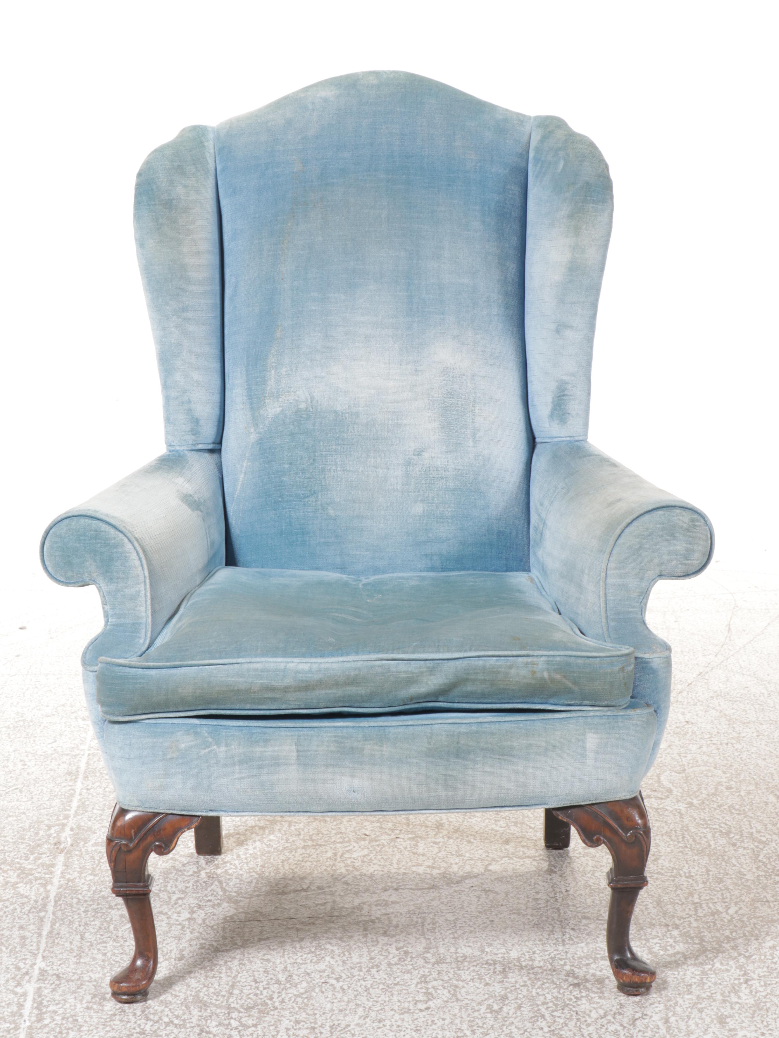 Queen Anne Style Blue Velvet Armchair