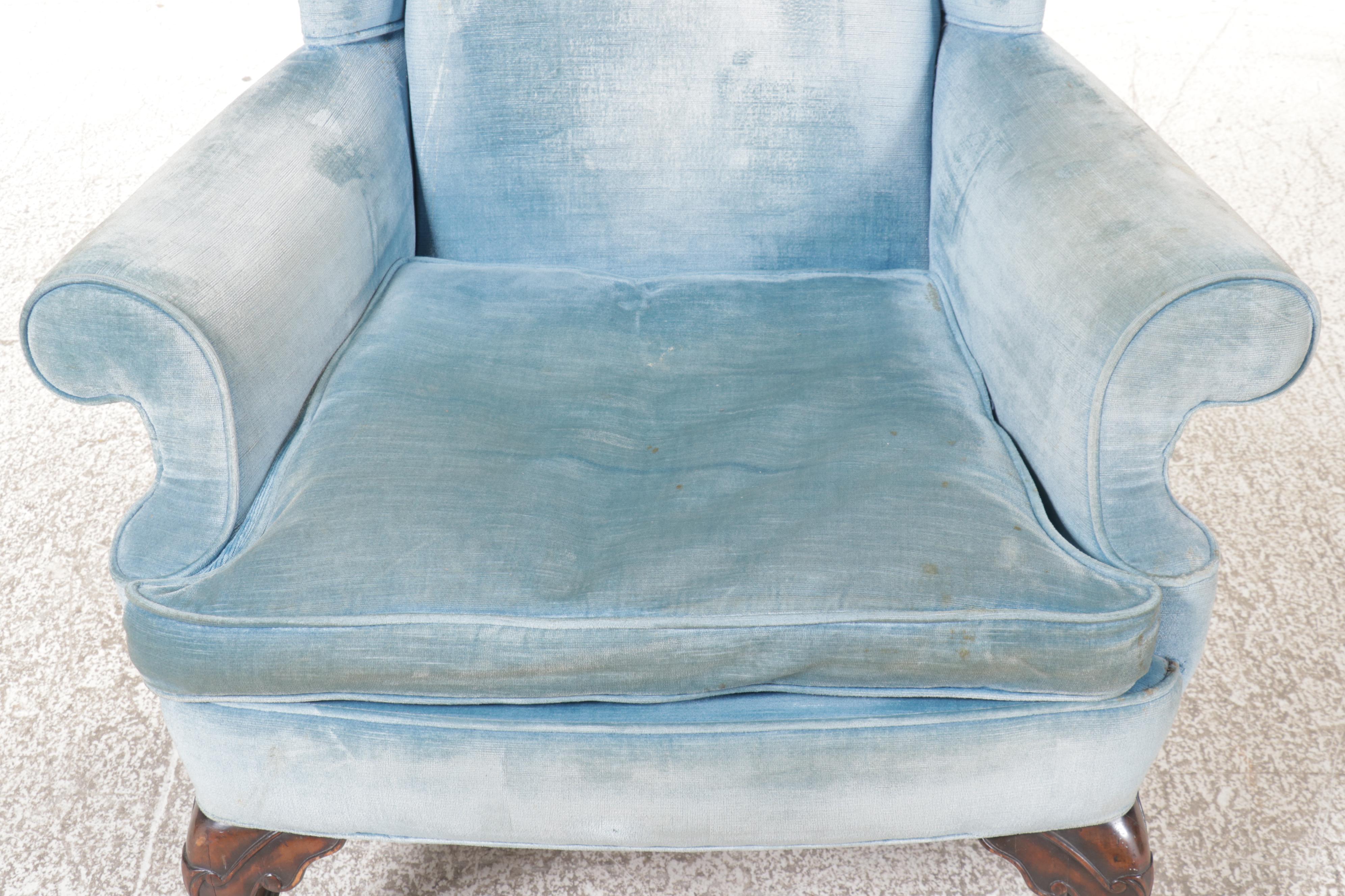 Queen Anne Style Blue Velvet Armchair