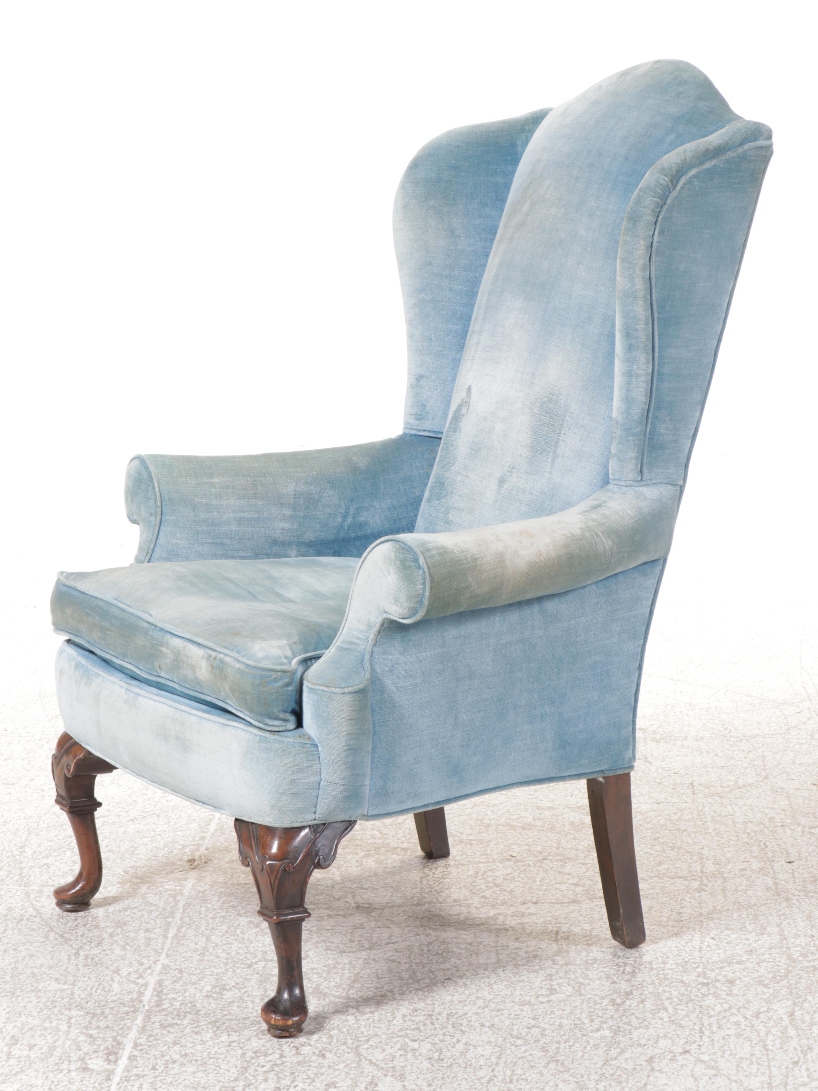 Queen Anne Style Blue Velvet Armchair